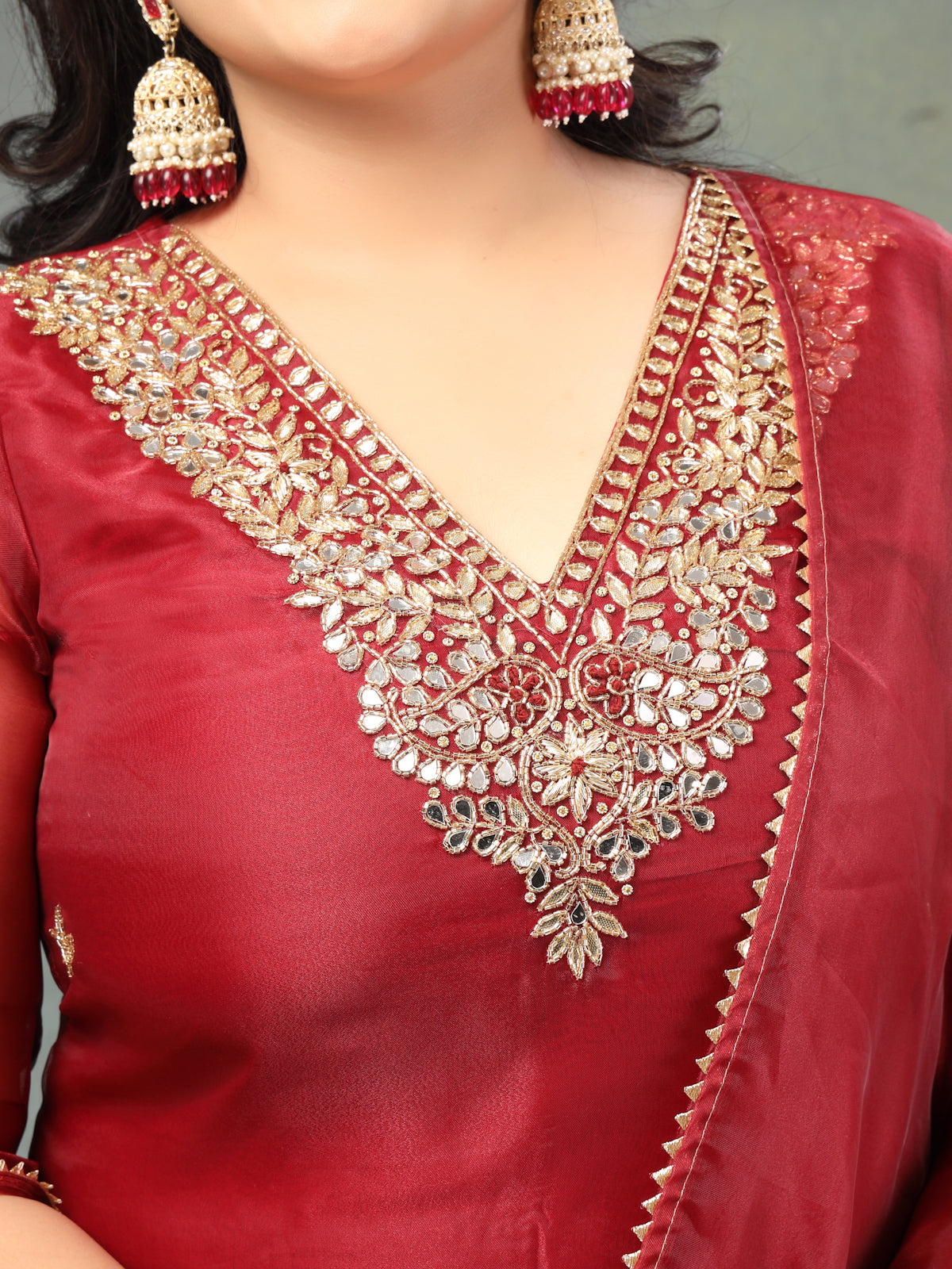 Deep Maroon Unstitched Organza Tissue Suit Set with Mirror and Gota Patti work