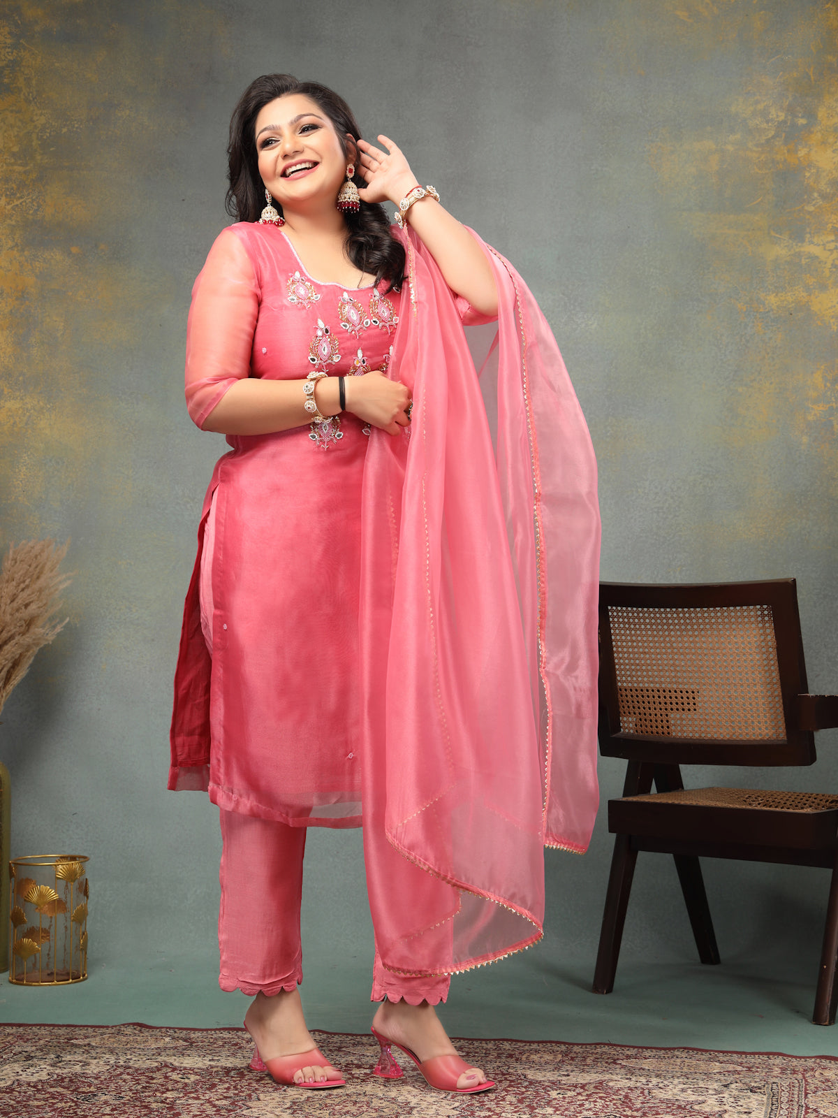 Rouge Pink Royal Radiance Unstitched Suit Set in Organza Tissue Silk