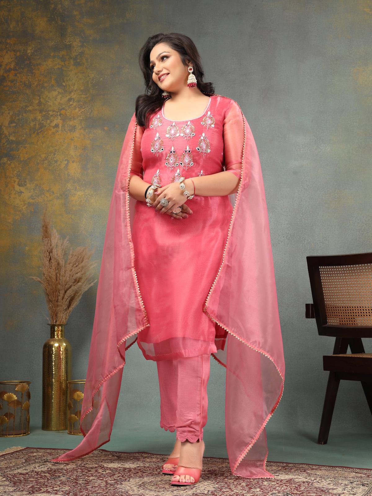 Rouge Pink Royal Radiance Unstitched Suit Set in Organza Tissue Silk
