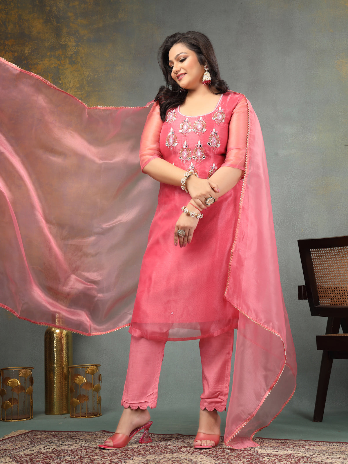 Rouge Pink Royal Radiance Unstitched Suit Set in Organza Tissue Silk