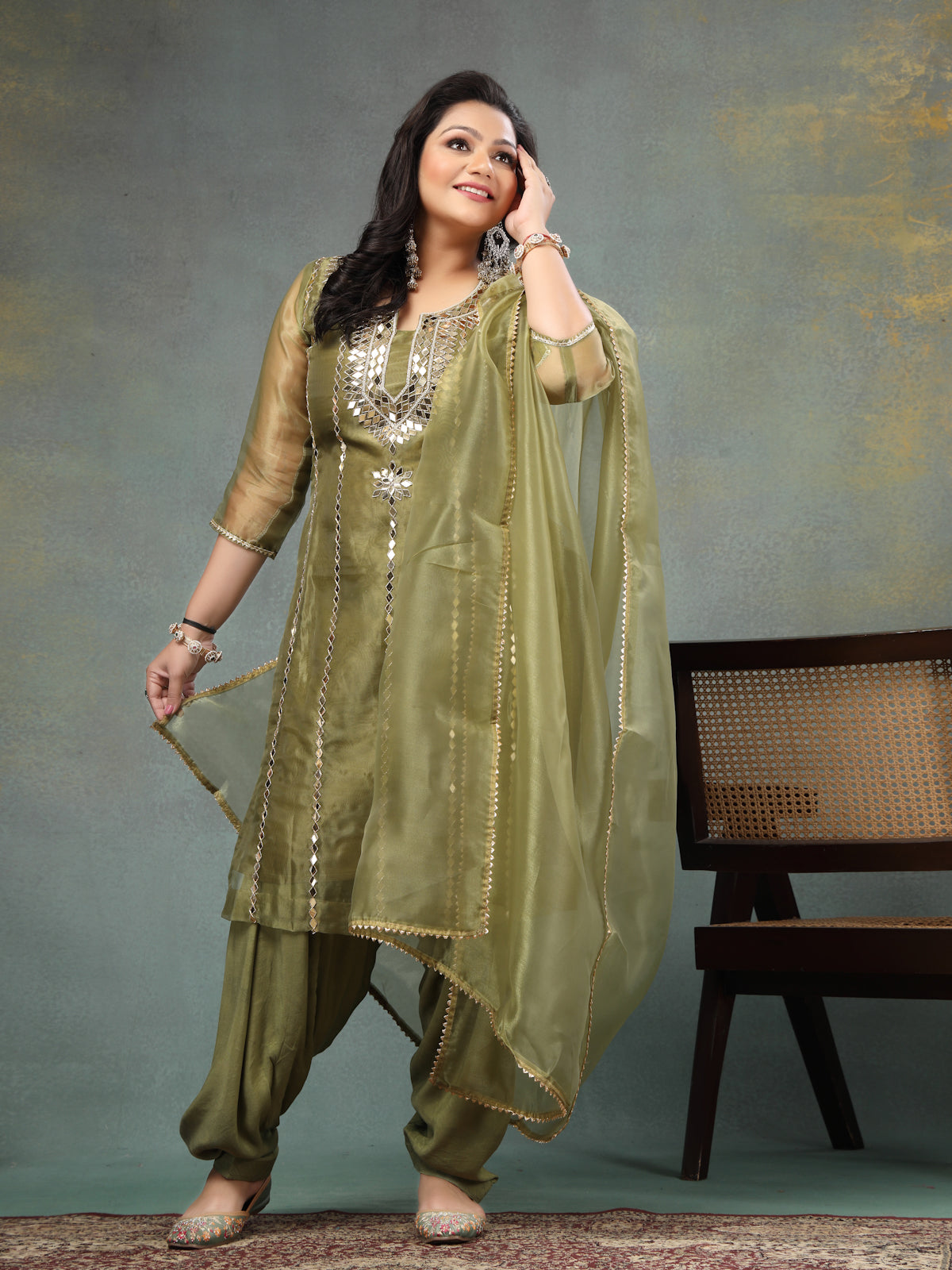 Moss Green Mirror Luxe Unstitched Wedding Suit Set in Premium Organza Tissue