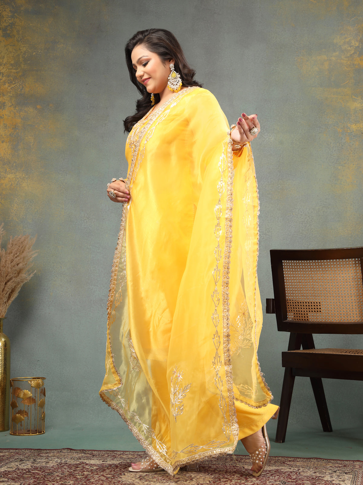 Sunny Mustard Yellow Unstitched Organza Tissue Suit Set with Zardozi & Pearl Work