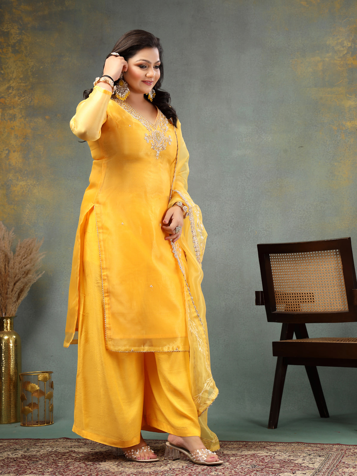 Sunny Mustard Yellow Unstitched Organza Tissue Suit Set with Zardozi & Pearl Work