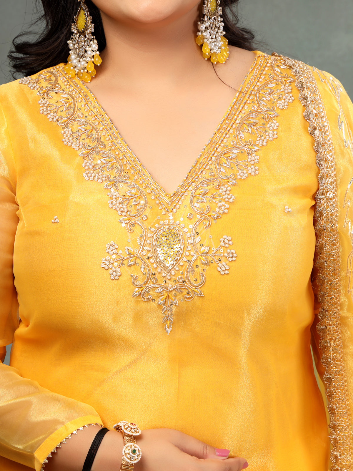 Sunny Mustard Yellow Unstitched Organza Tissue Suit Set with Zardozi & Pearl Work