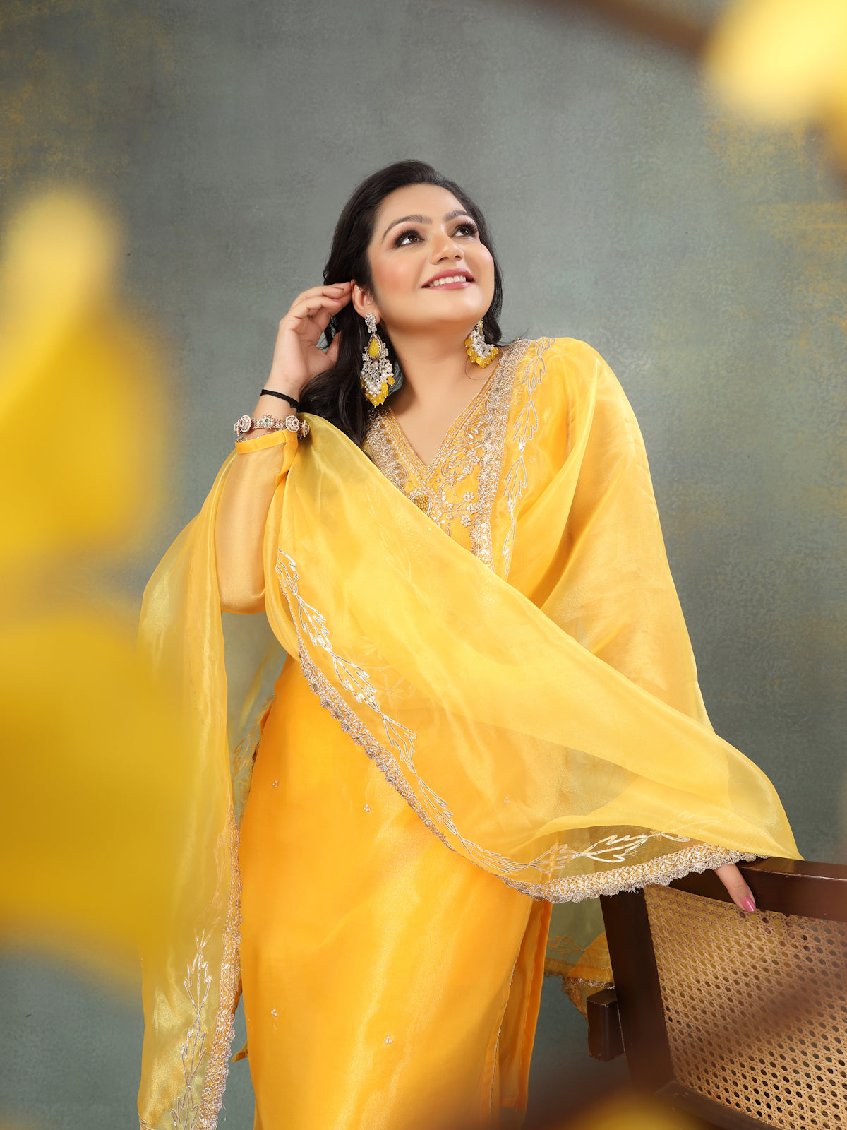 Sunny Mustard Yellow Unstitched Organza Tissue Suit Set with Zardozi & Pearl Work
