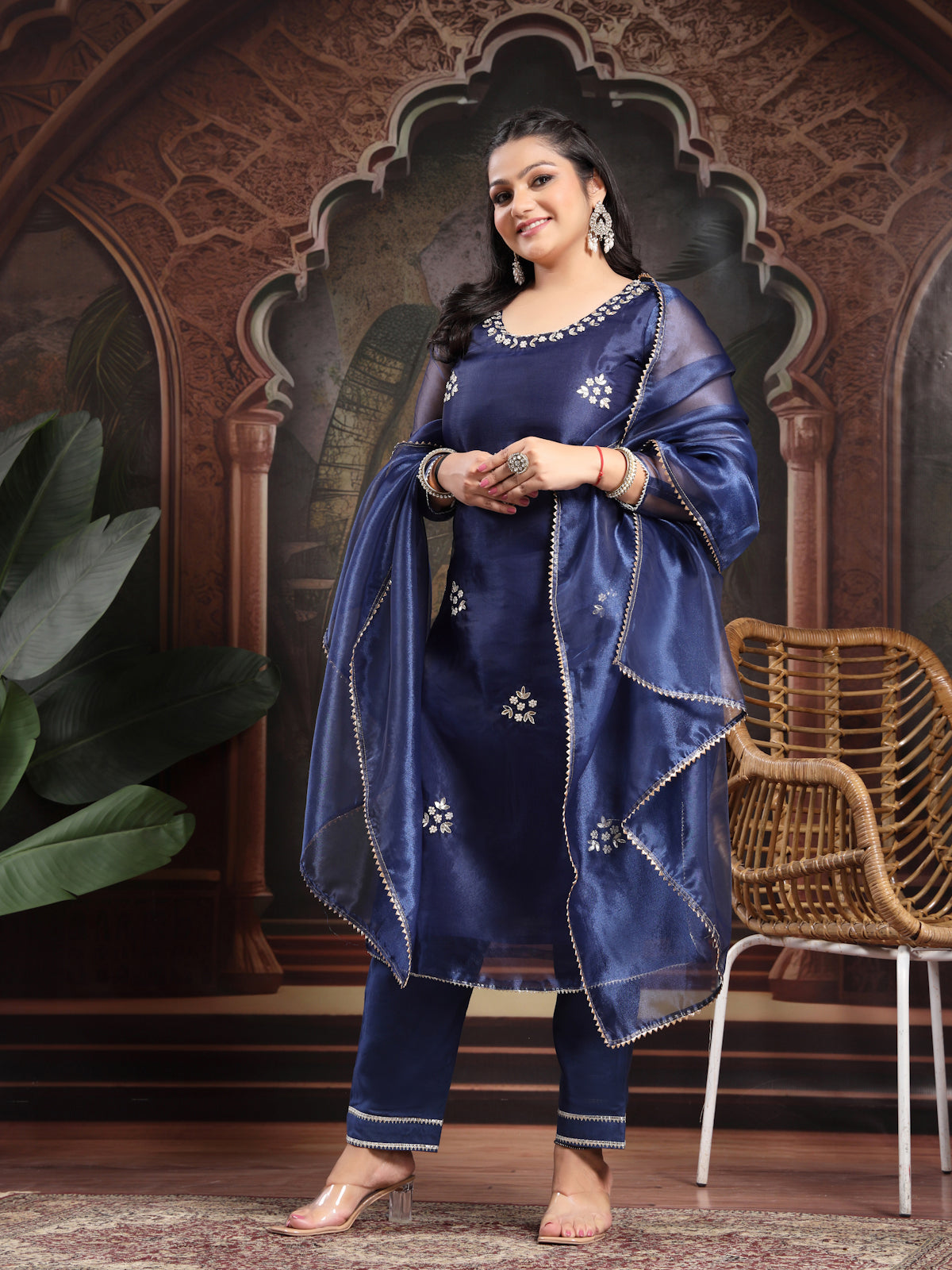 Berry Blue Bloom Unstitched Organza Tissue Suit Set with Gota Patti & Pearl Handwork