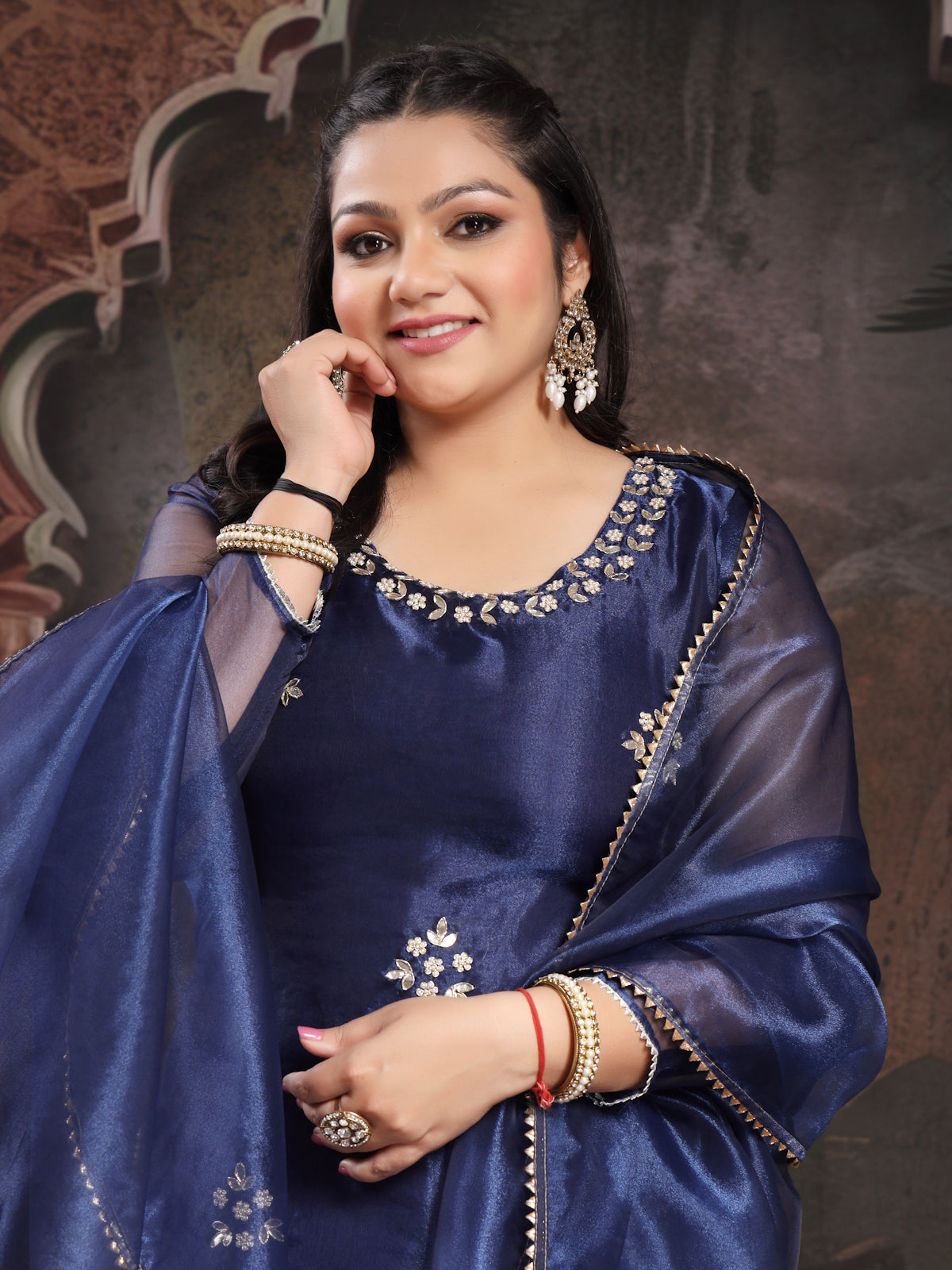 Berry Blue Bloom Unstitched Organza Tissue Suit Set with Gota Patti & Pearl Handwork