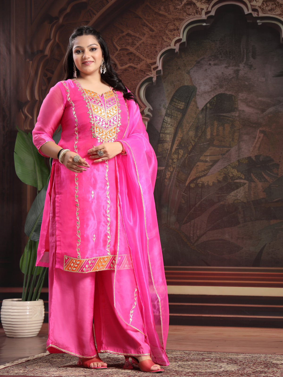 Rose Pink Unstitched Organza Tissue Suit Set with Opulent Gota Patti Embroidery