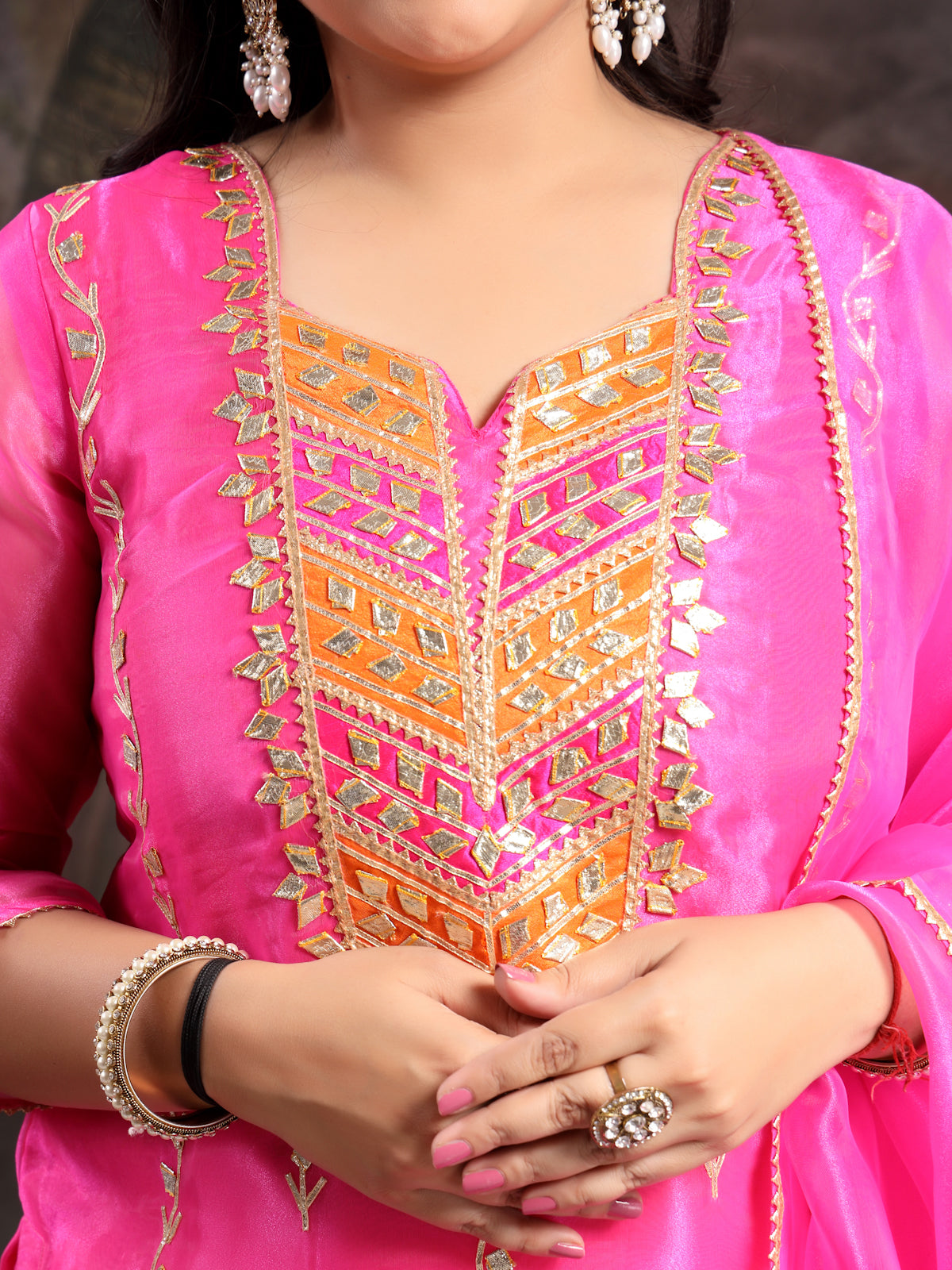 Rose Pink Unstitched Organza Tissue Suit Set with Opulent Gota Patti Embroidery