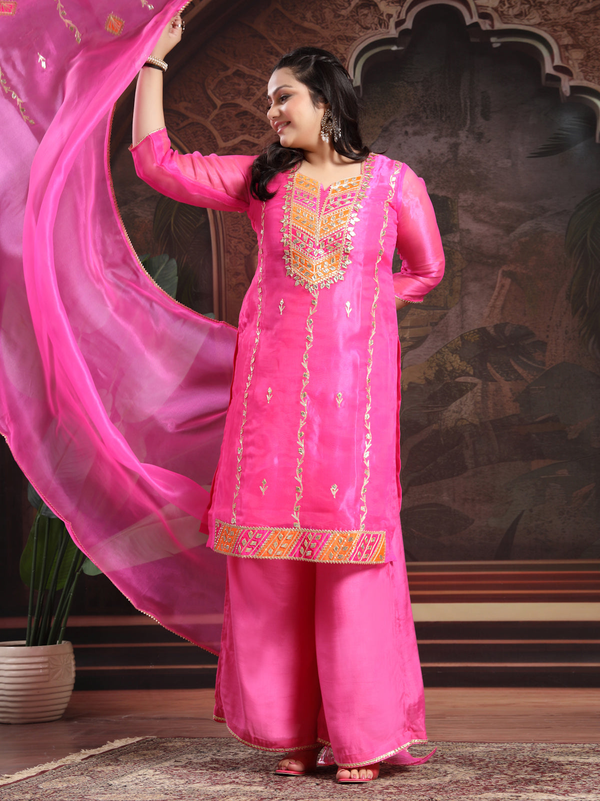Rose Pink Unstitched Organza Tissue Suit Set with Opulent Gota Patti Embroidery