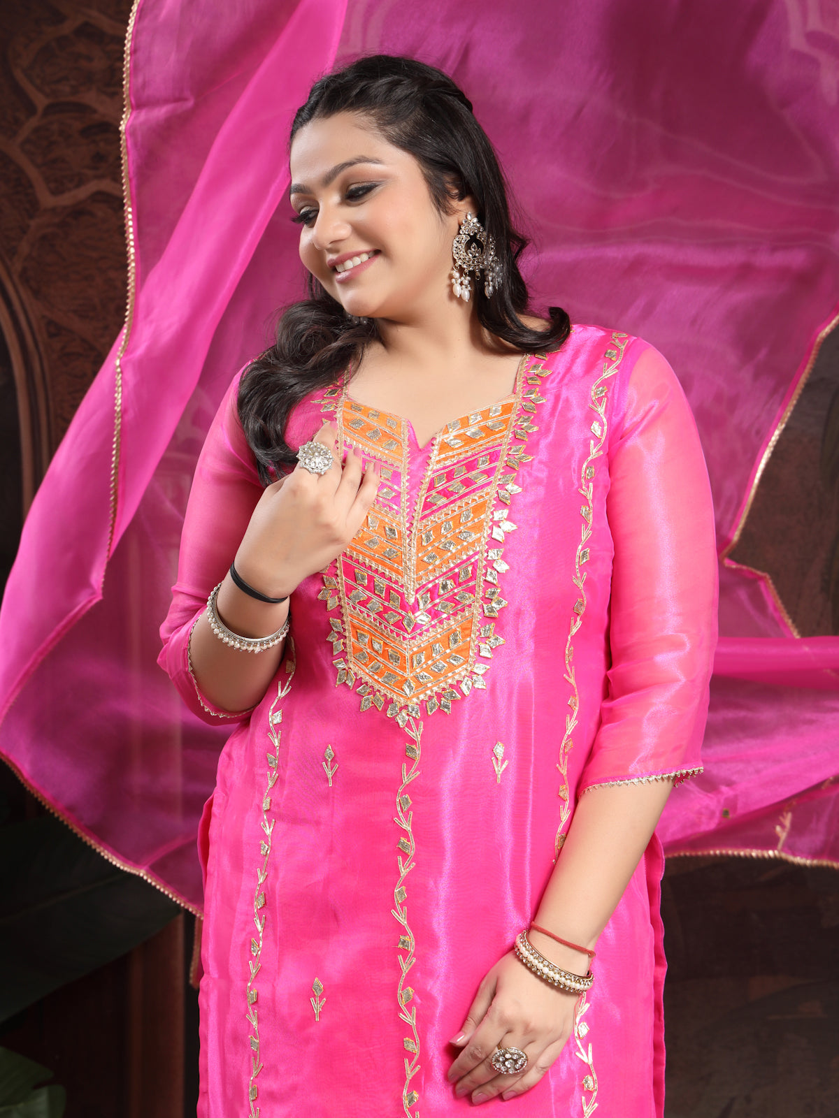 Rose Pink Unstitched Organza Tissue Suit Set with Opulent Gota Patti Embroidery