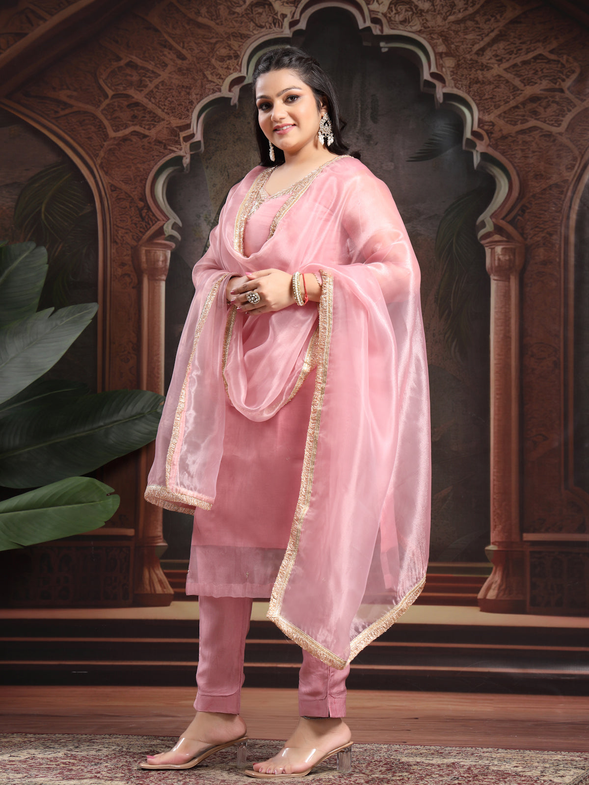 Onion Pink Unstitched Organza Tissue Suit with Heavy Zardosi & Gota Patti Work