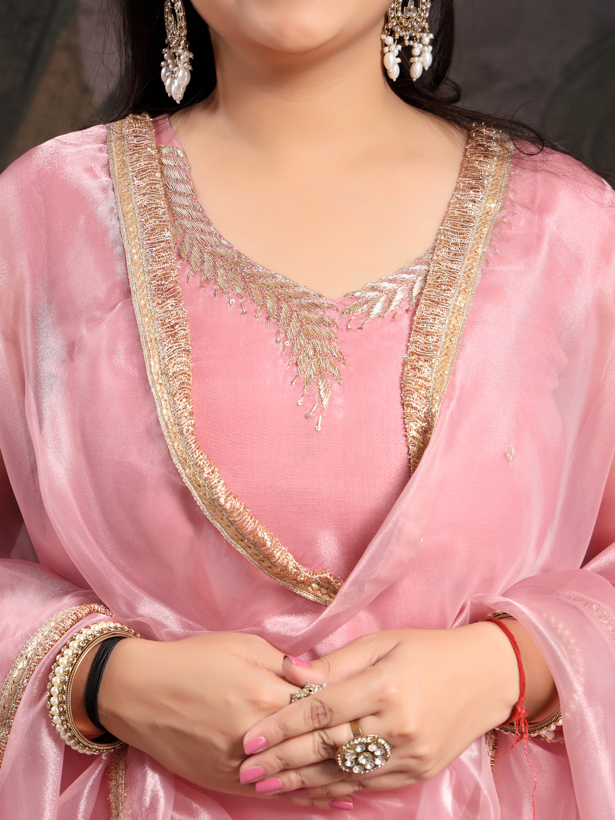 Onion Pink Unstitched Organza Tissue Suit with Heavy Zardosi & Gota Patti Work