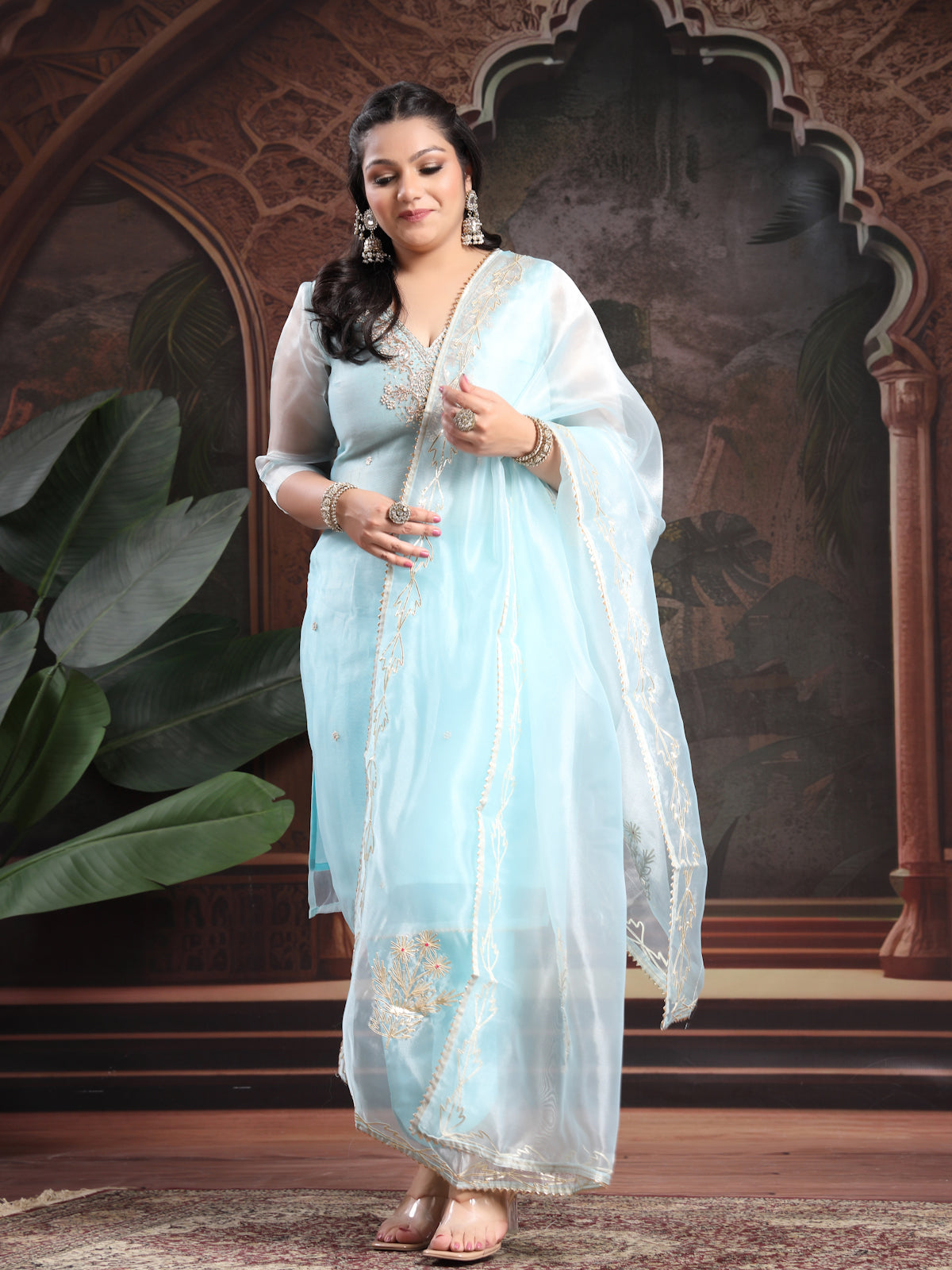 Sky Blue Unstitch Suit with V-Neck Zardozi and Pearl Work