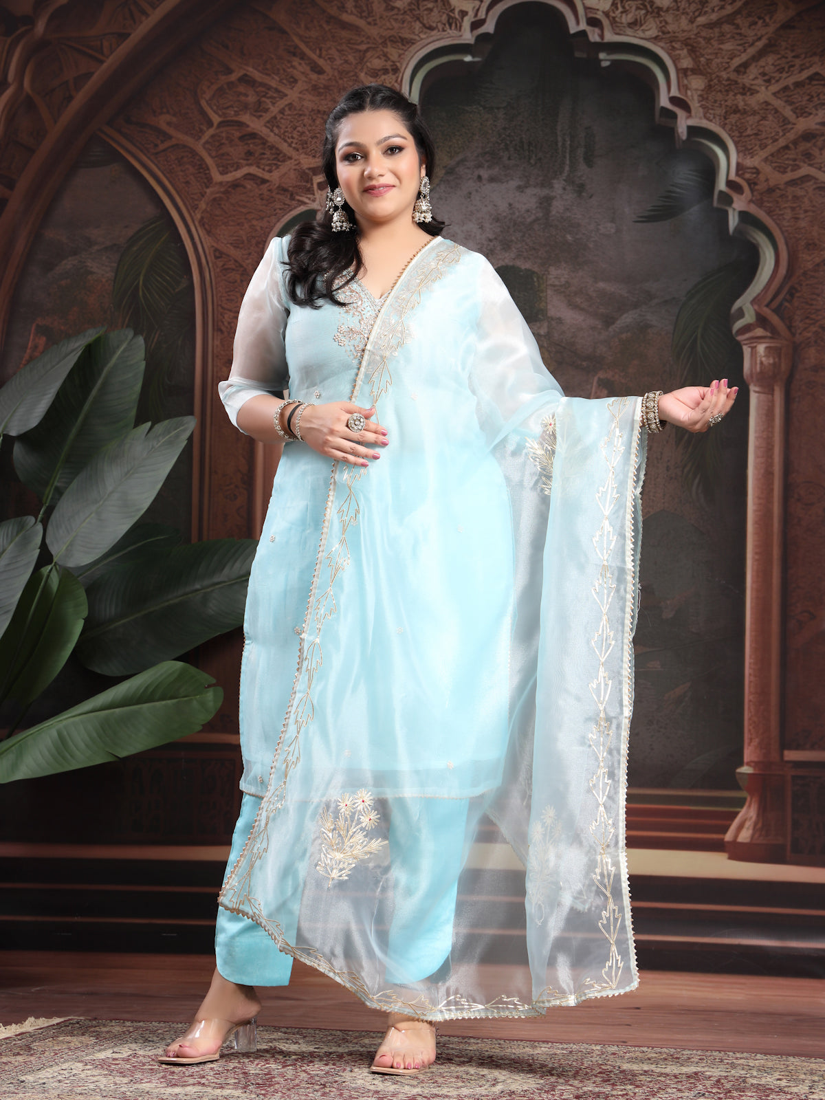 Sky Blue Unstitch Suit with V-Neck Zardozi and Pearl Work