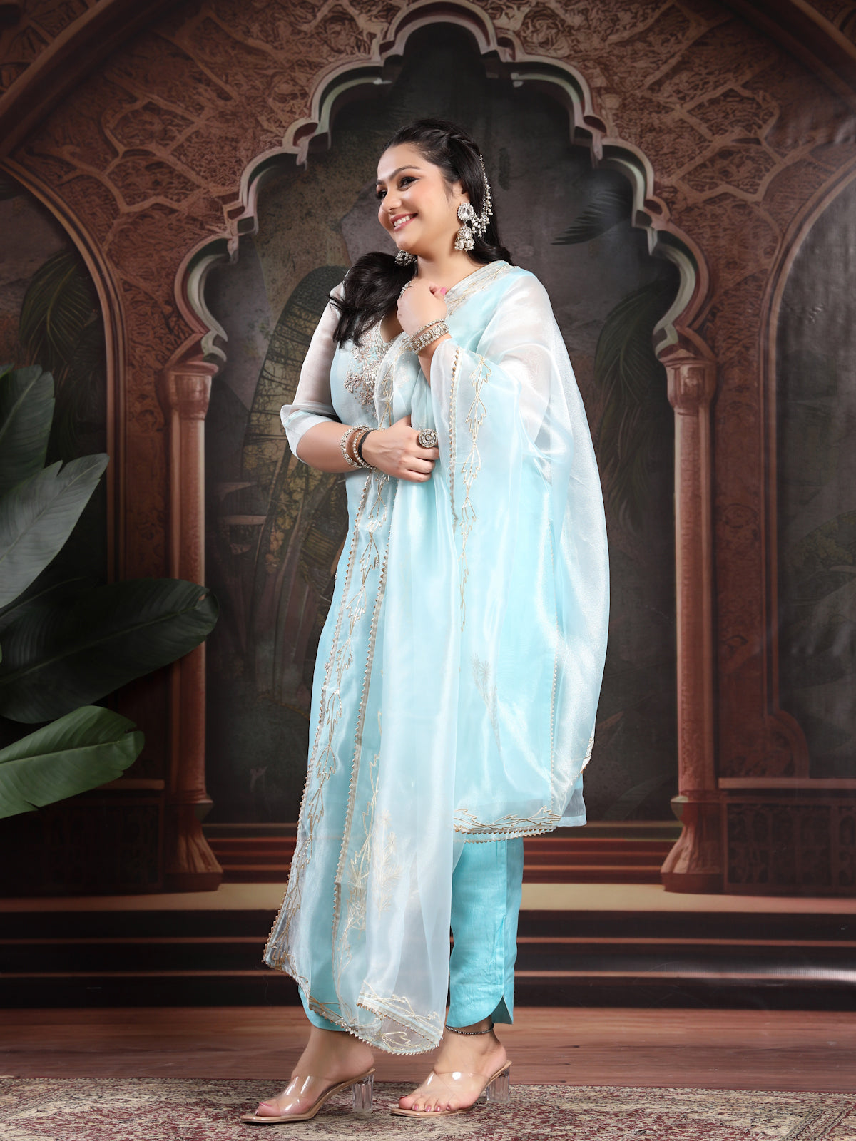 Sky Blue Unstitch Suit with V-Neck Zardozi and Pearl Work