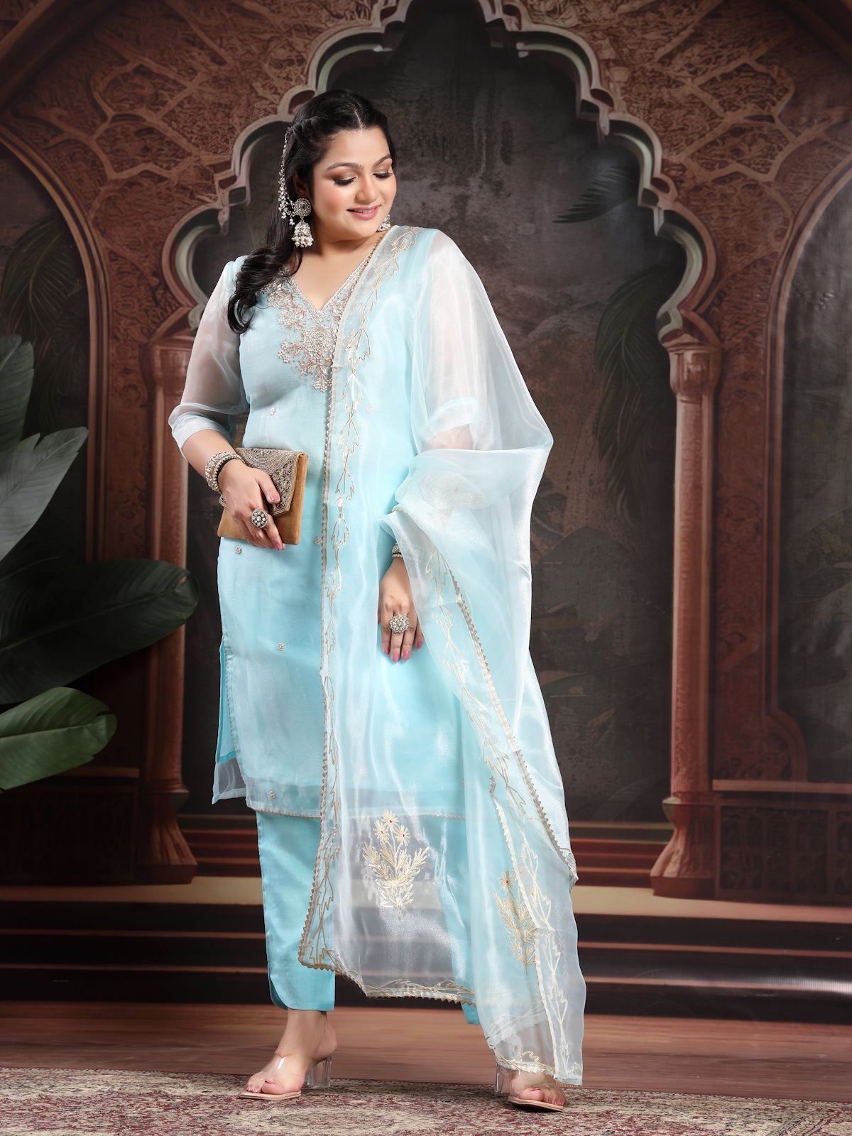 Sky Blue Unstitch Suit with V-Neck Zardozi and Pearl Work