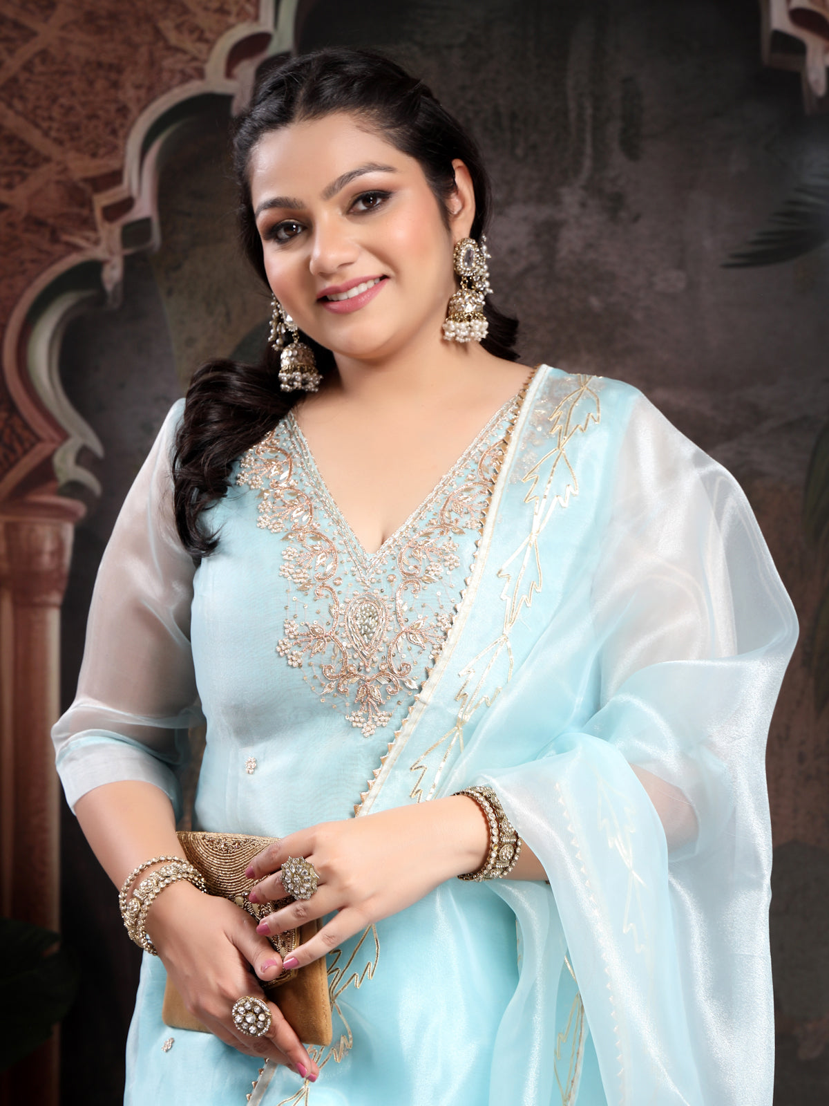 Sky Blue Unstitch Suit with V-Neck Zardozi and Pearl Work