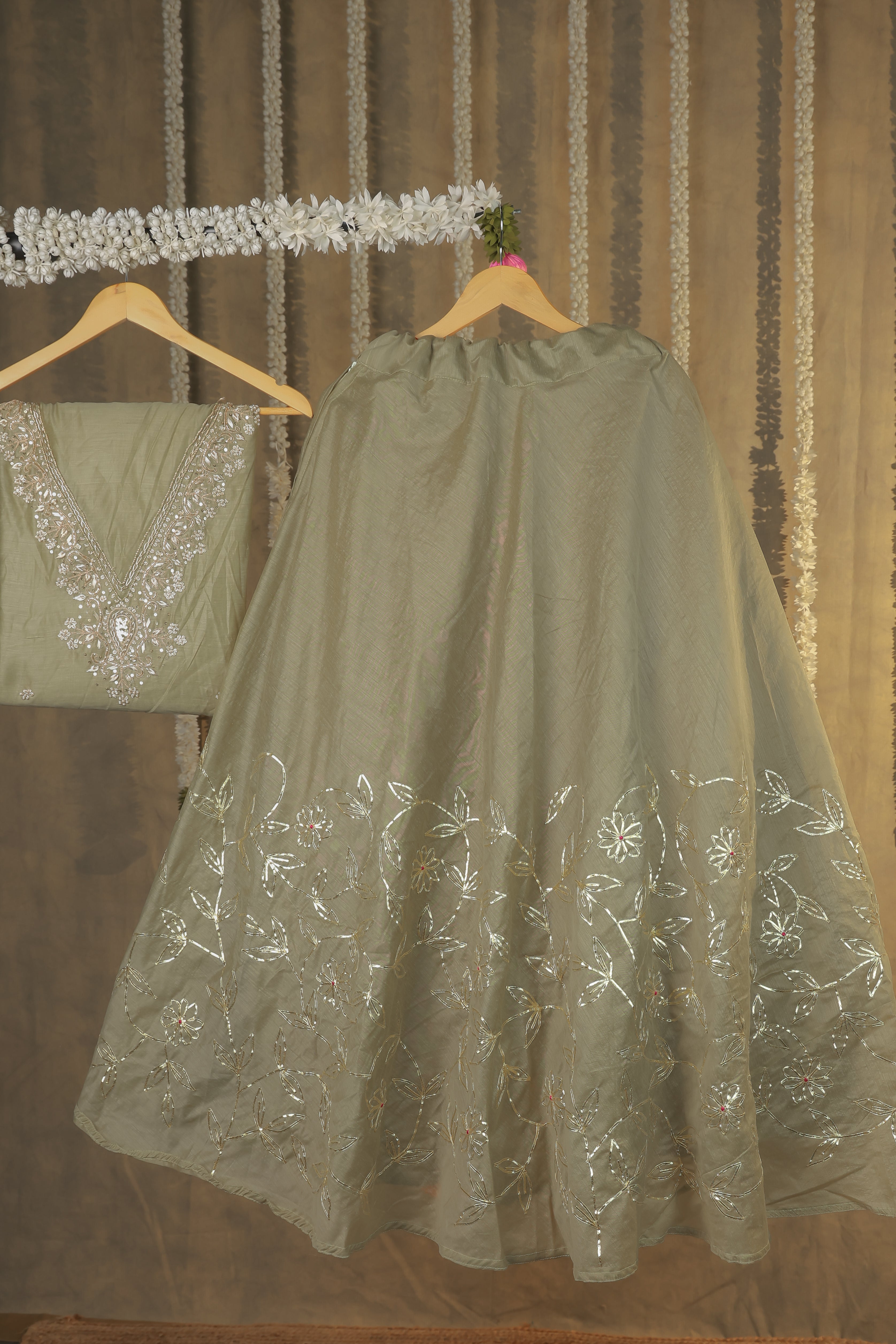 Regal Celadon Green Semi-Stitched Lehenga Set