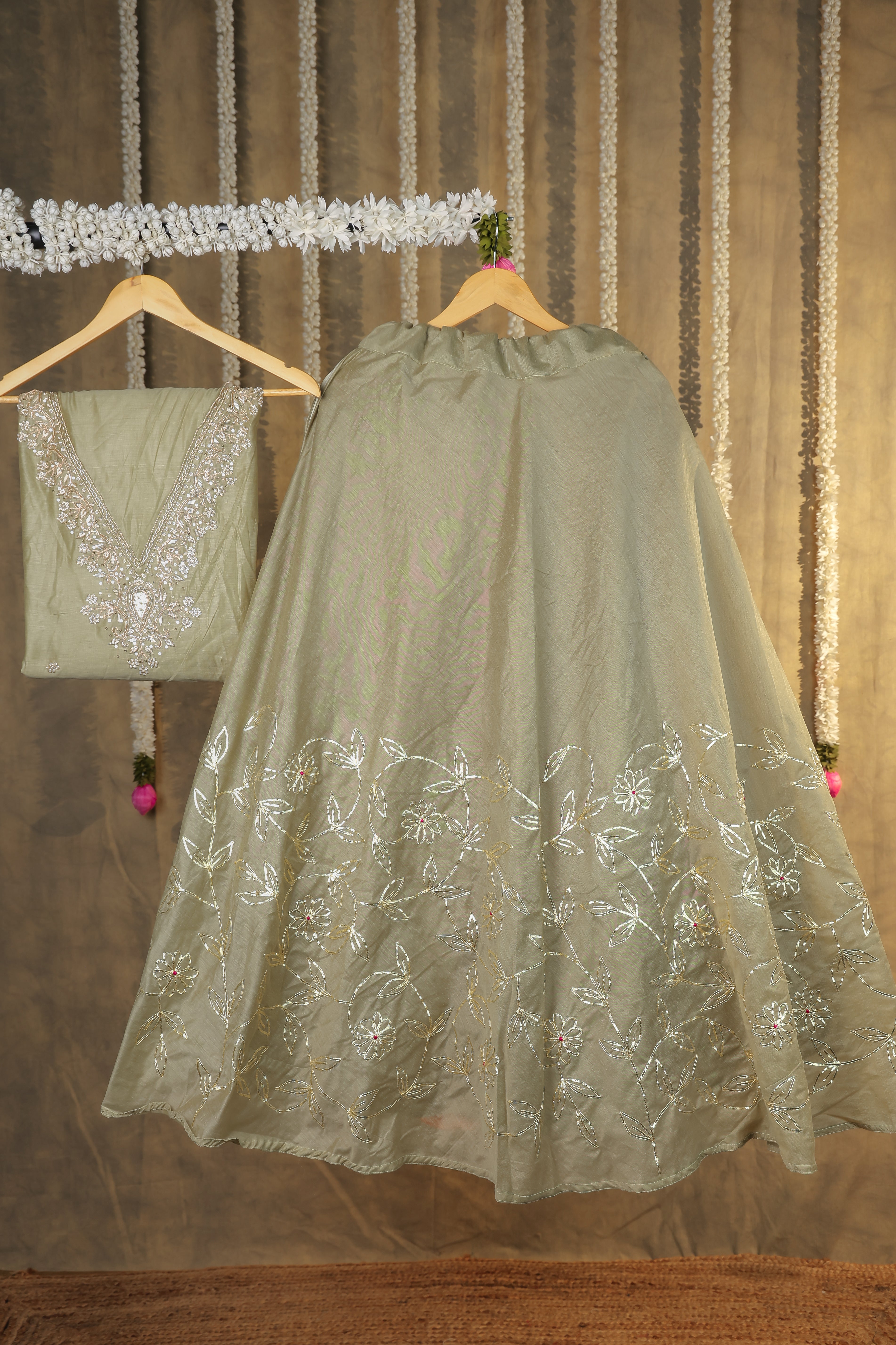 Regal Celadon Green Semi-Stitched Lehenga Set
