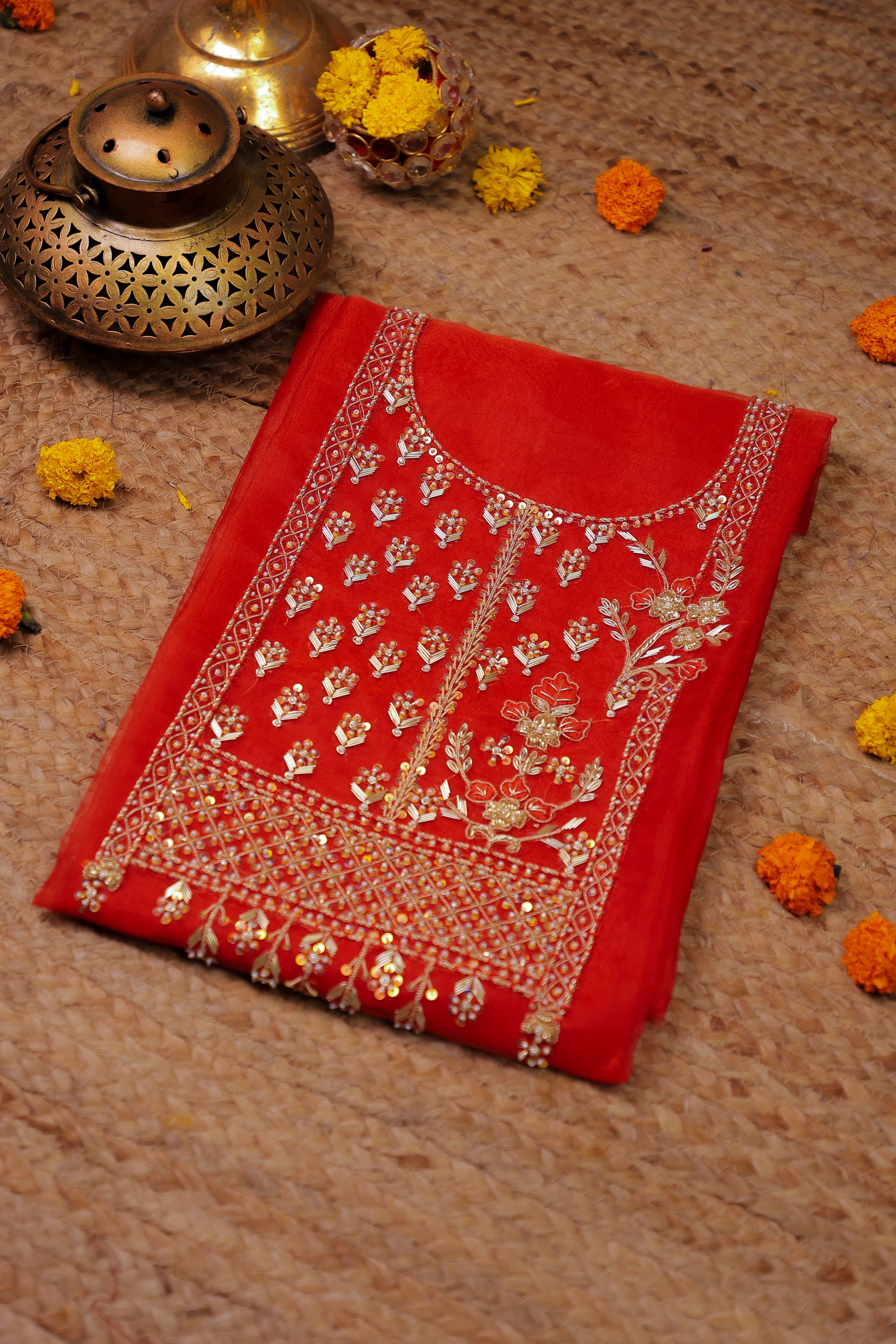 Carmine Red Unstitch Suit with Handcrafted Heavy Zardozi, Thread, and Jaal Work