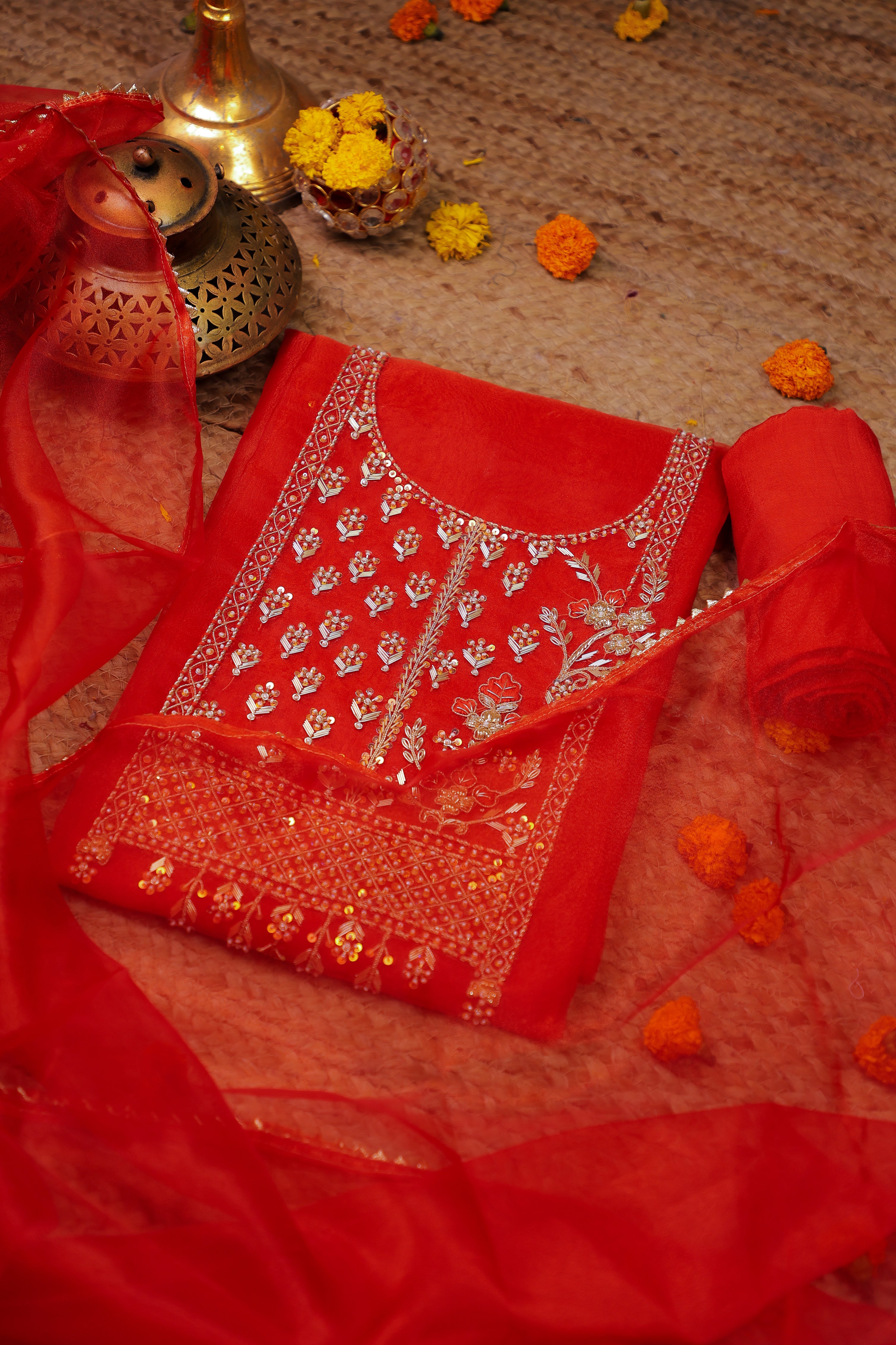 Carmine Red Unstitch Suit with Handcrafted Heavy Zardozi, Thread, and Jaal Work