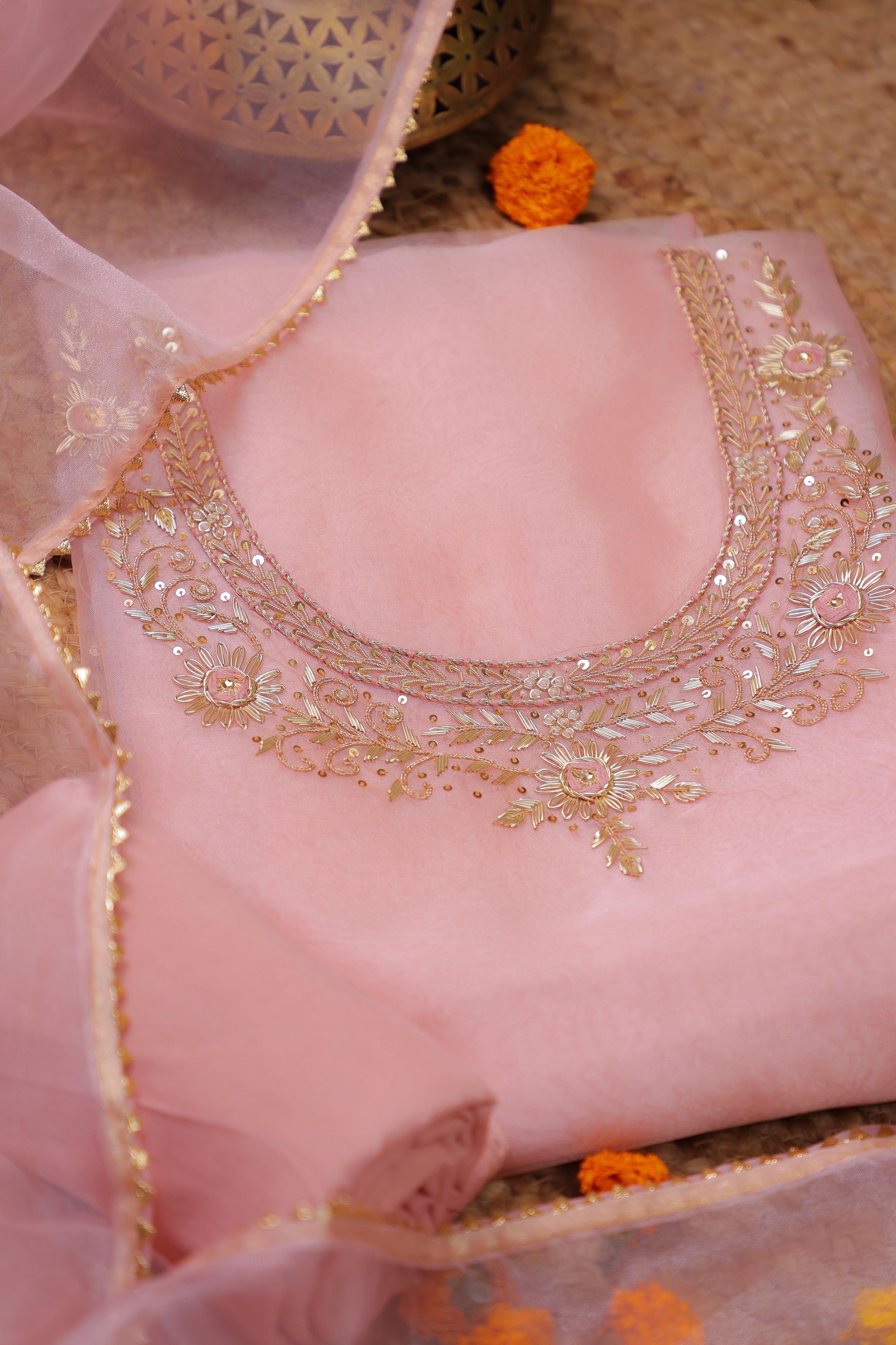 Onion Pink Unstitch Suit with Handcrafted Zardosi and Thread Work