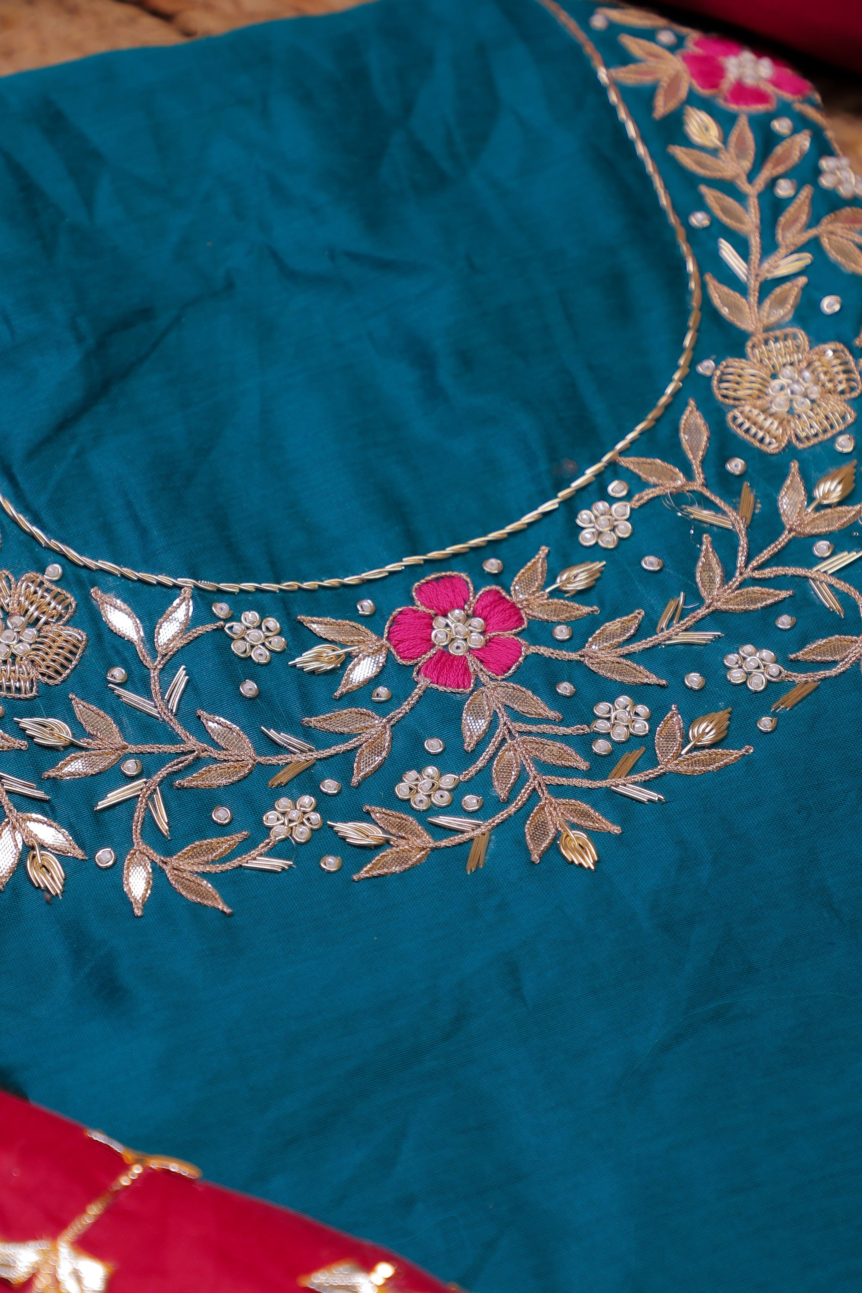Teal Green Unstitch Suit with Handcrafted Rani Thread and Gota Patti Work
