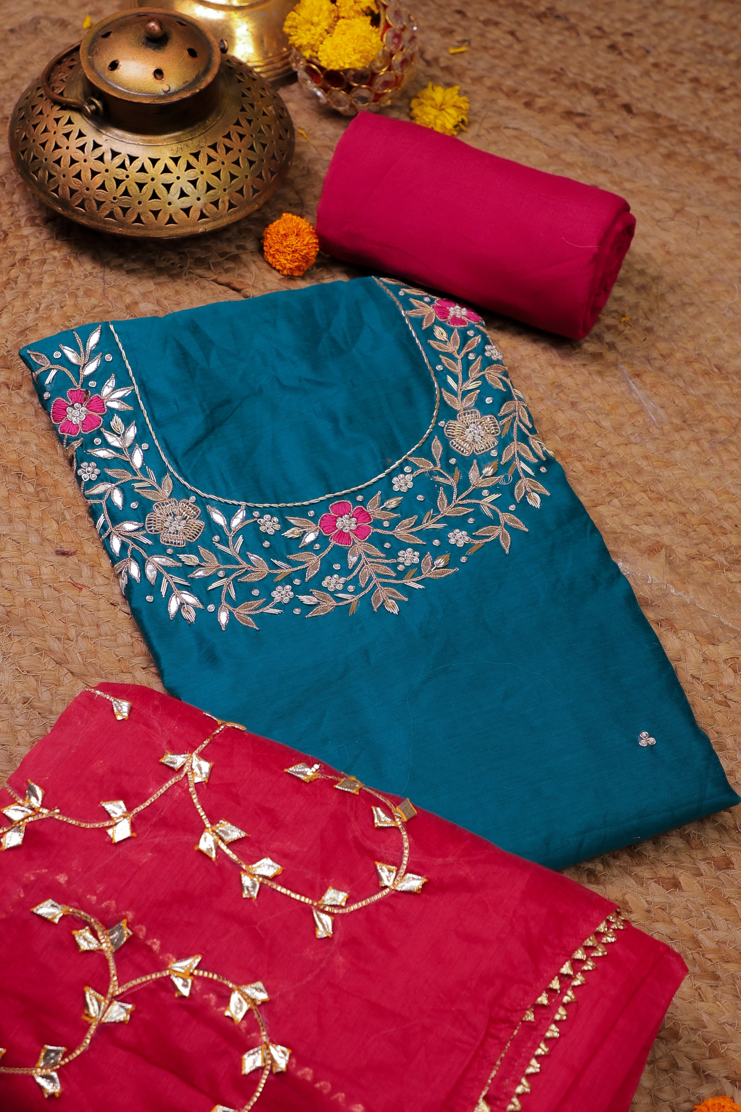 Teal Green Unstitch Suit with Handcrafted Rani Thread and Gota Patti Work