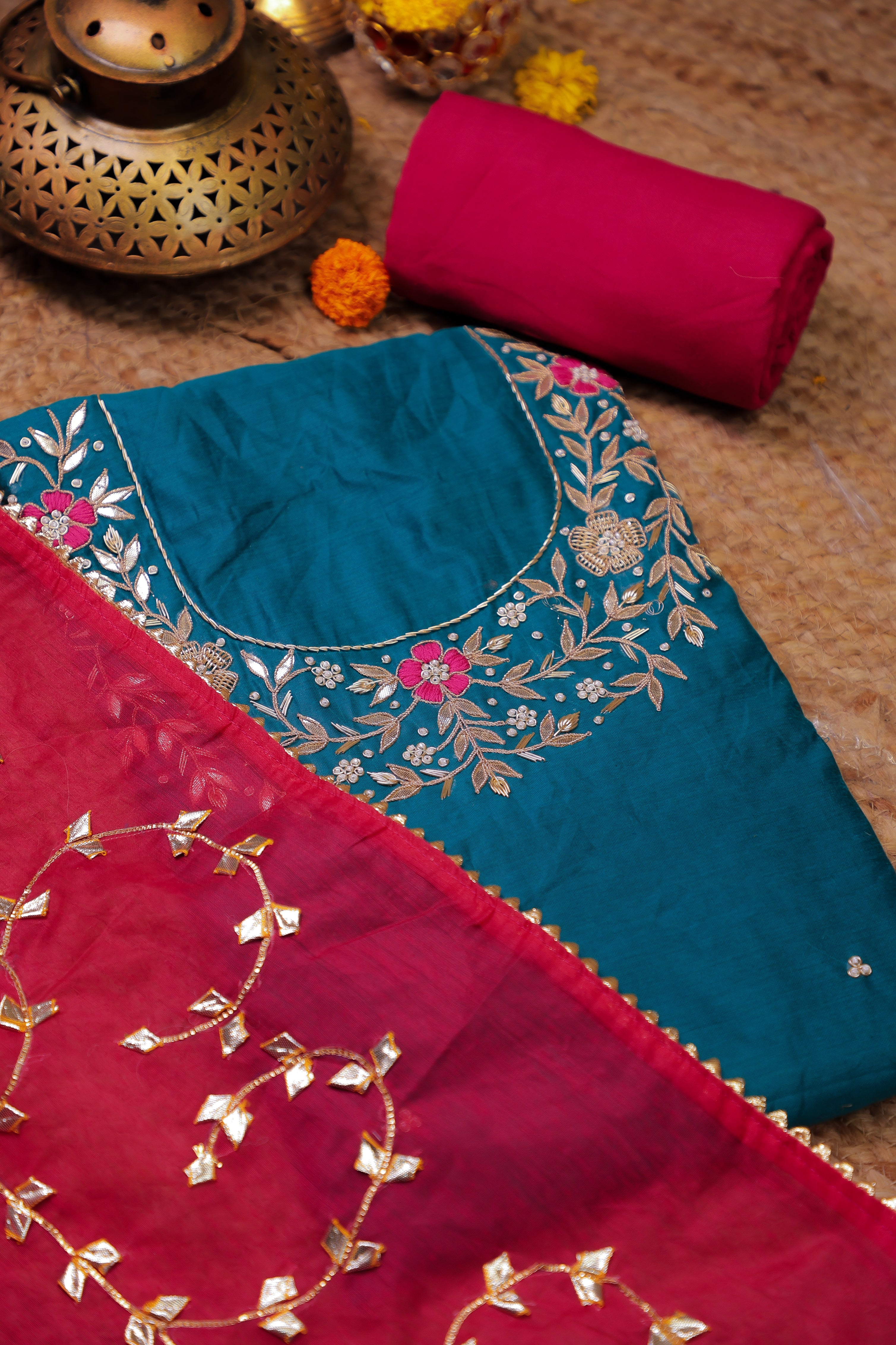 Teal Green Unstitch Suit with Handcrafted Rani Thread and Gota Patti Work