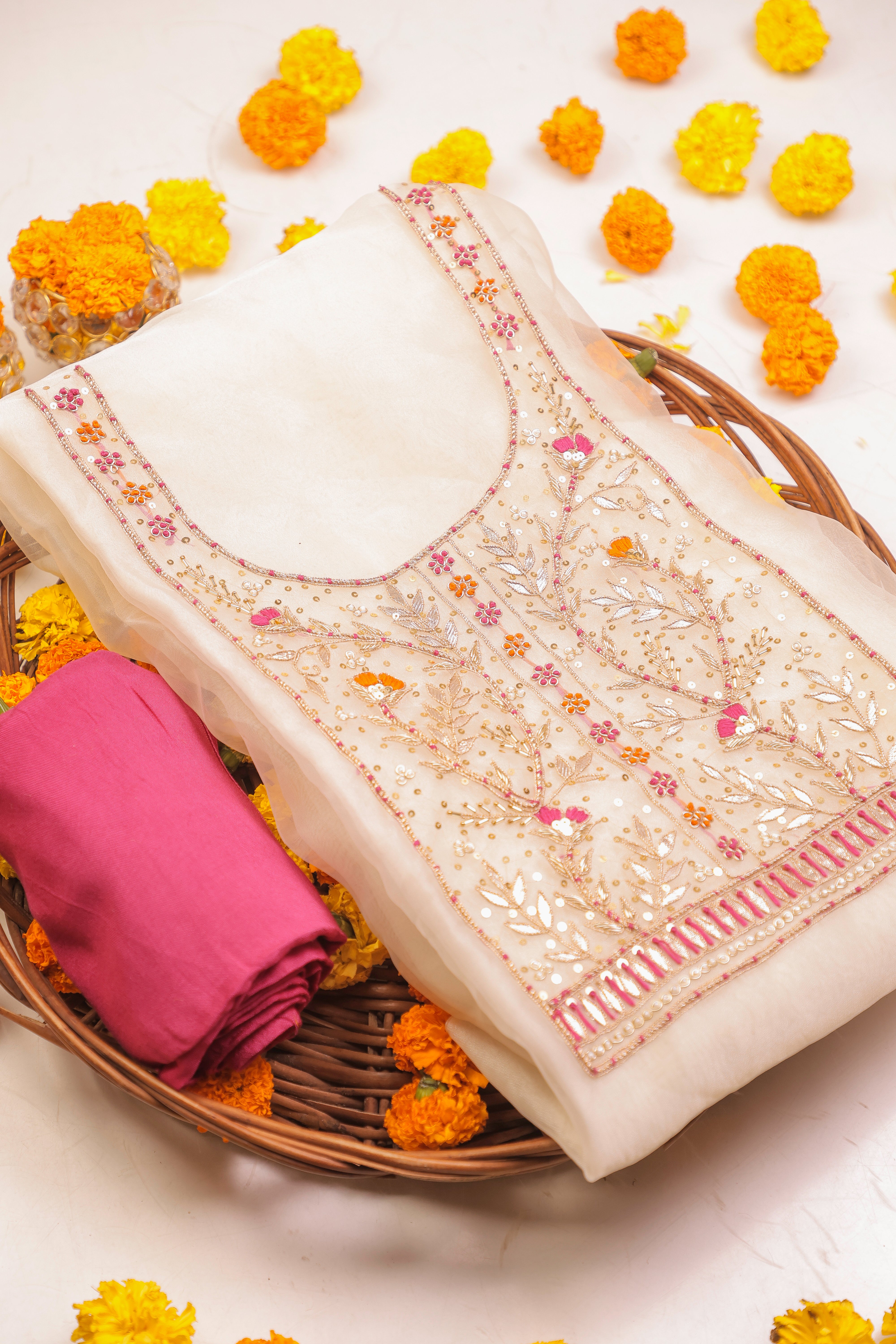 Off White and Rani Unstitch Suit with Heavy Handcrafted Zardozi and Lahariya Dupatta