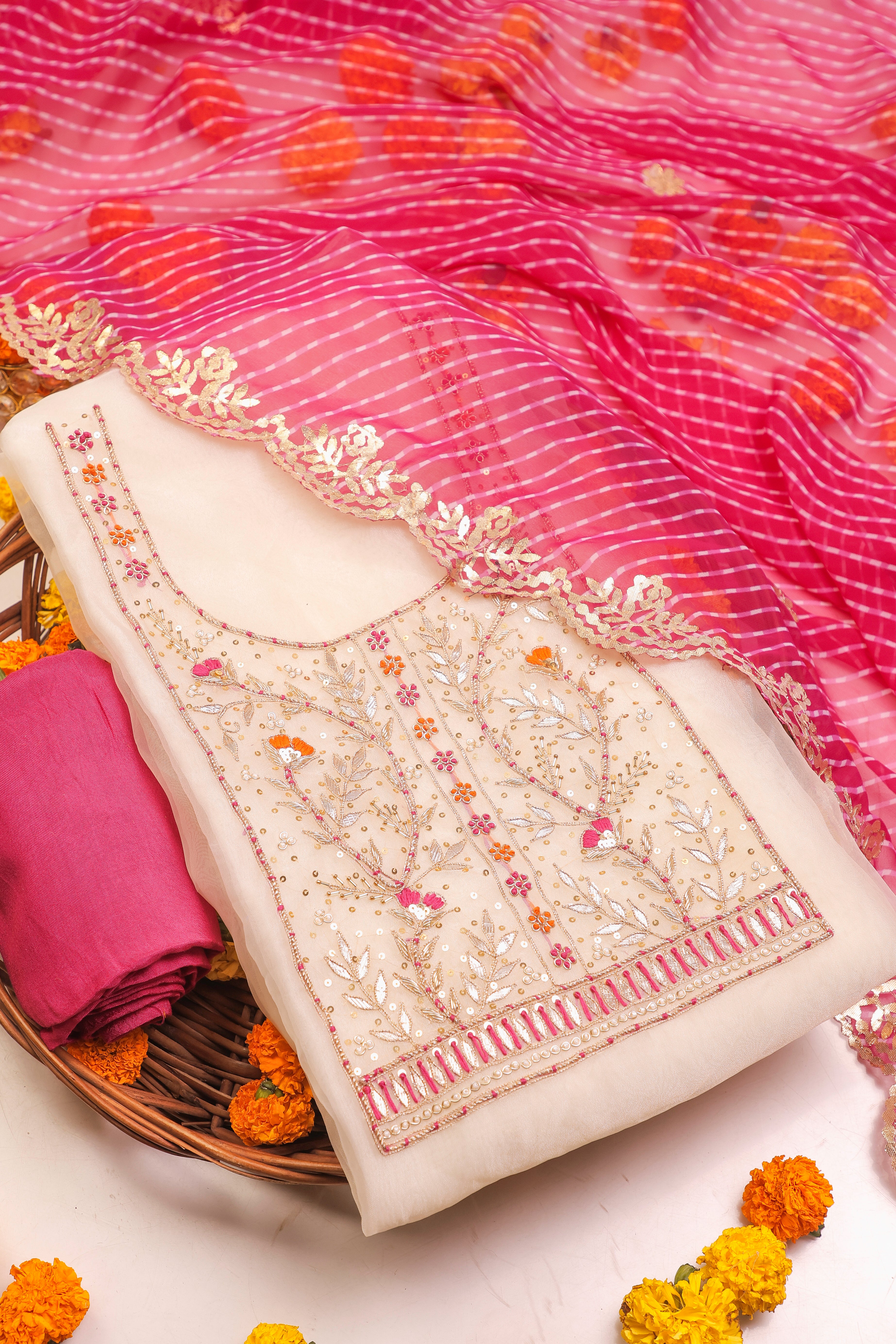 Off White and Rani Unstitch Suit with Heavy Handcrafted Zardozi and Lahariya Dupatta