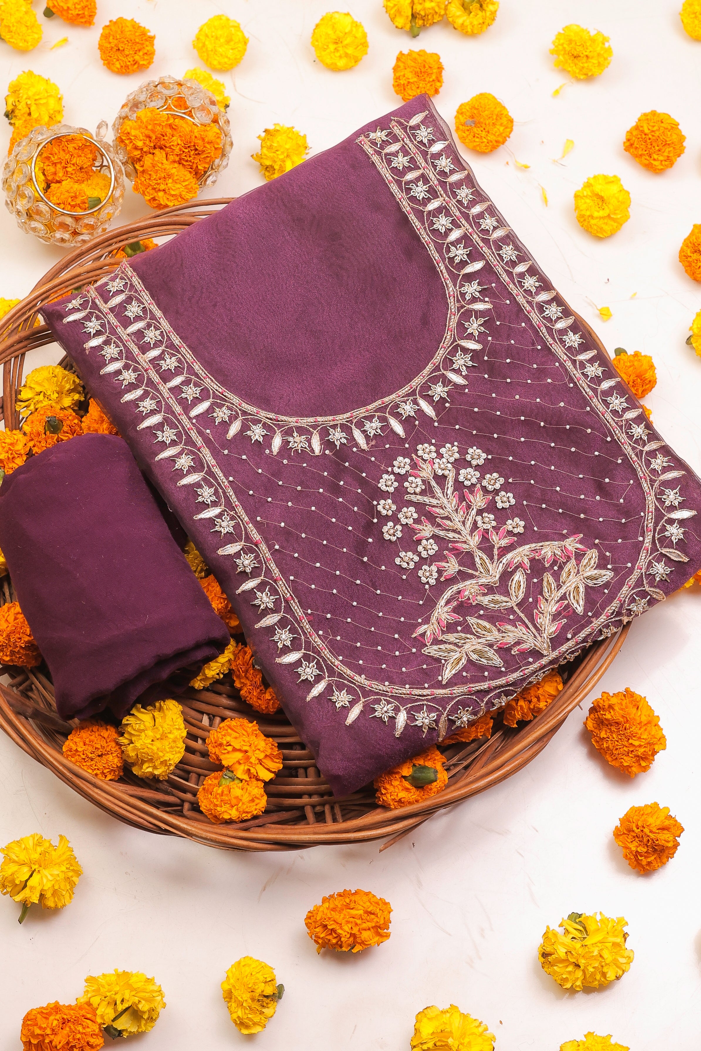 Deep Violet Unstitch Suit with Handcrafted Zardozi, Gotta Patti, and Rani Thread Work