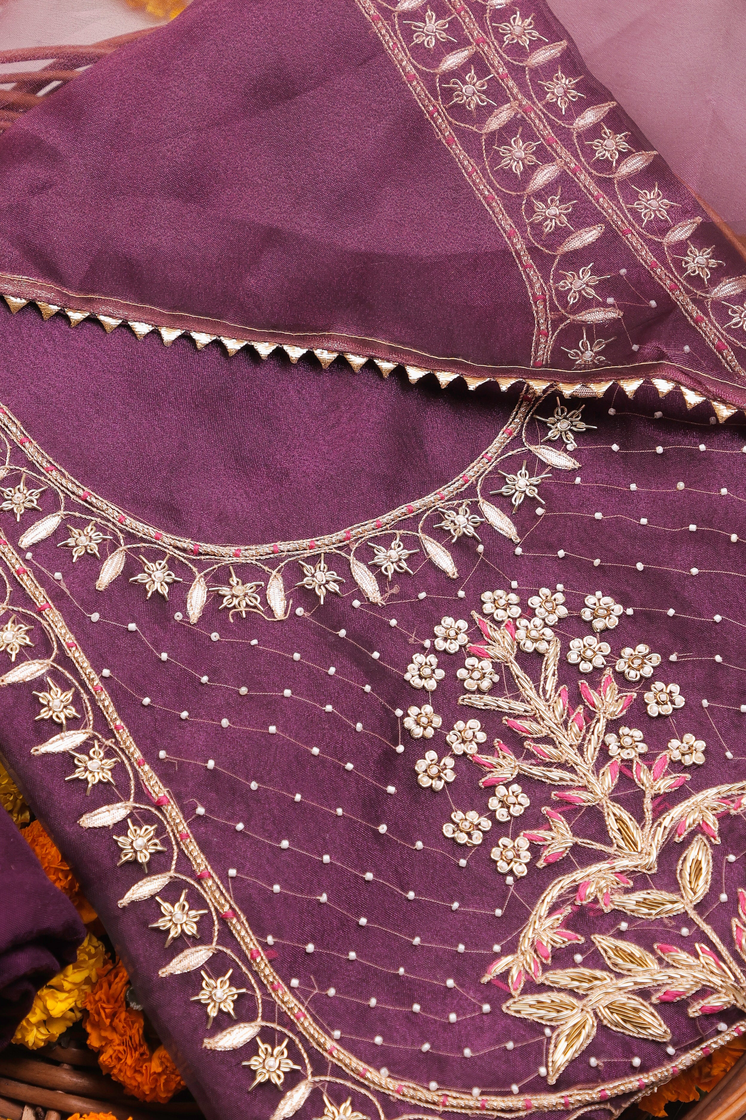 Deep Violet Unstitch Suit with Handcrafted Zardozi, Gotta Patti, and Rani Thread Work
