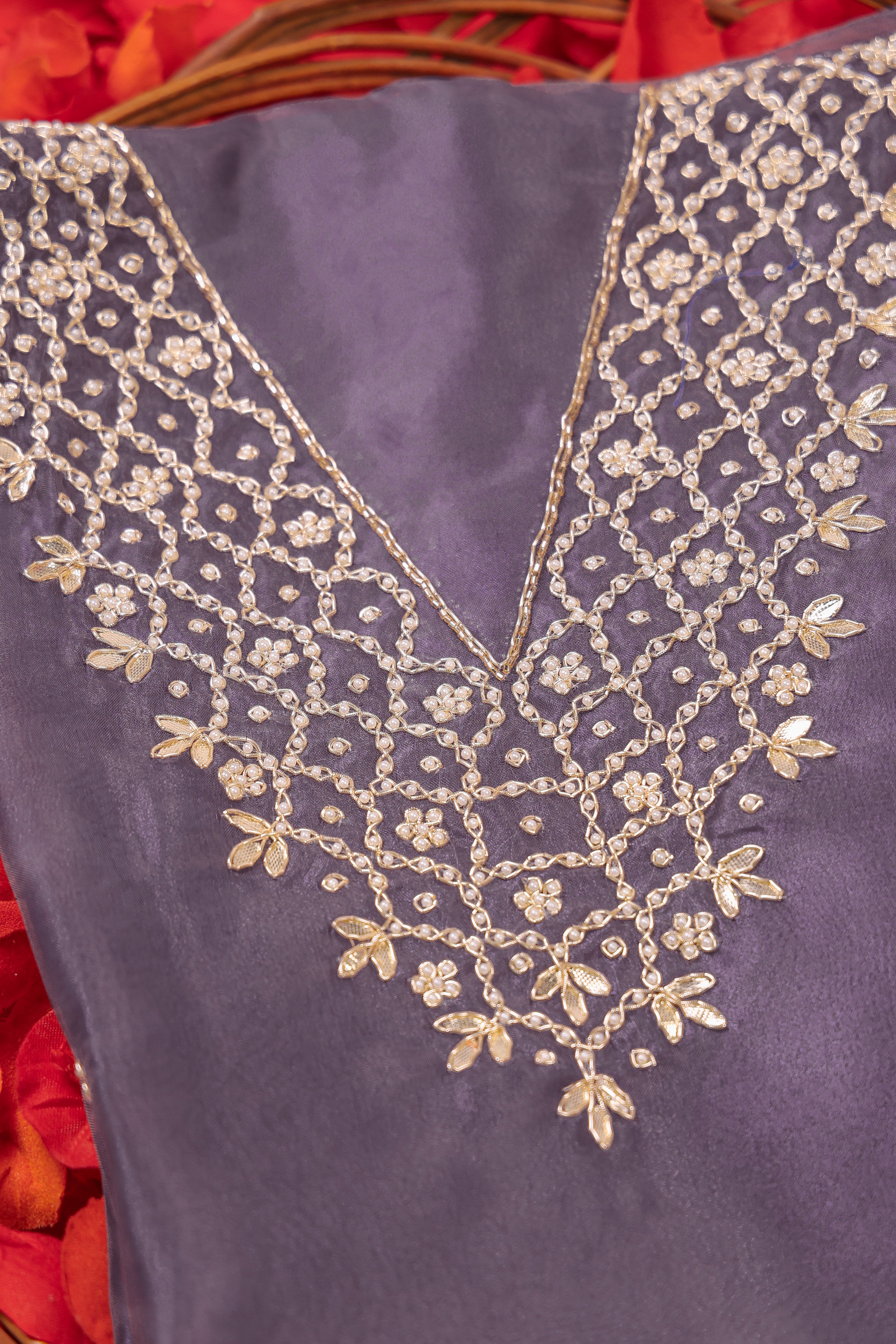 Lilac Haze Unstitch Suit with V-Neck Gota Patti and Heavy Pearl Jaal Work