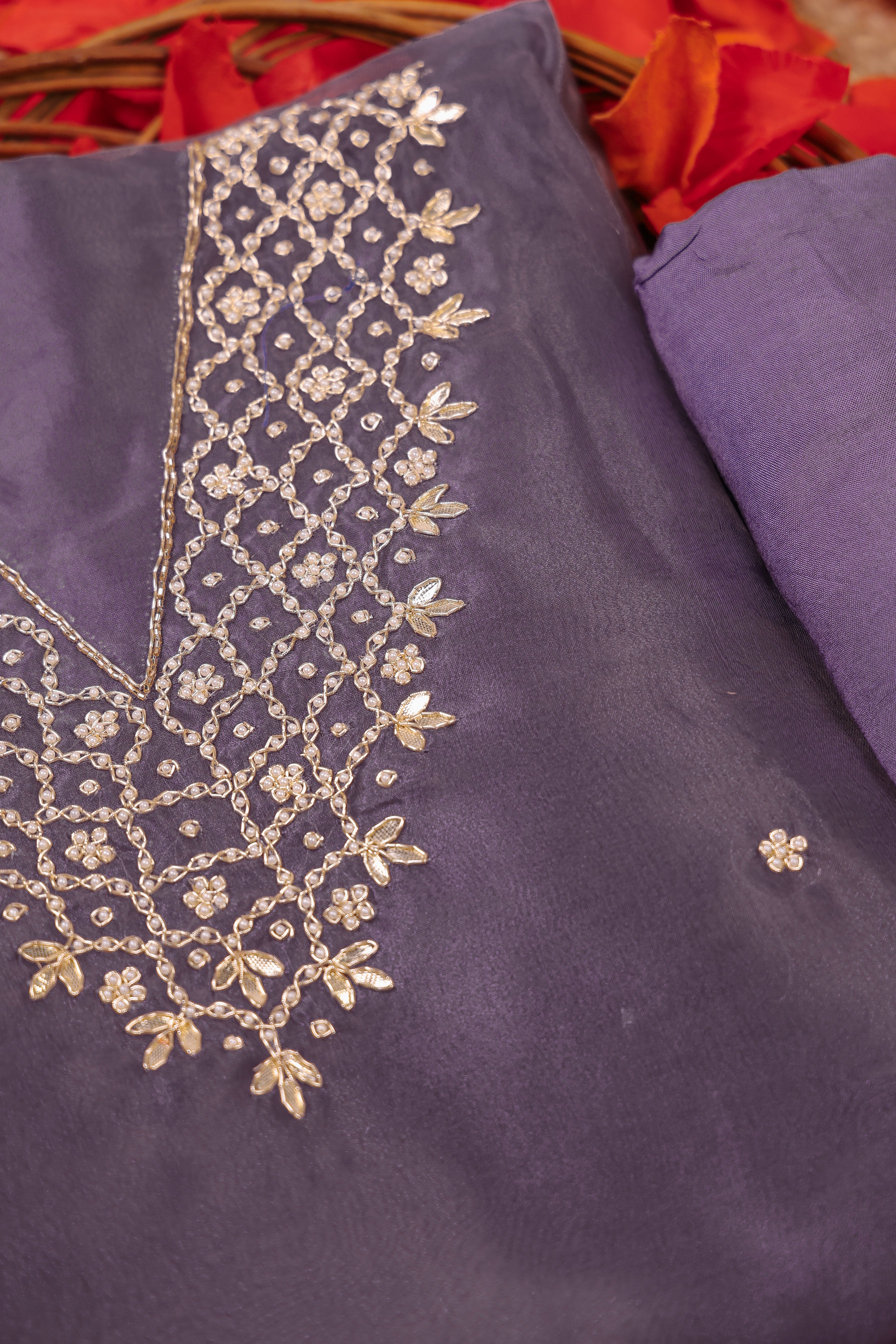 Lilac Haze Unstitch Suit with V-Neck Gota Patti and Heavy Pearl Jaal Work