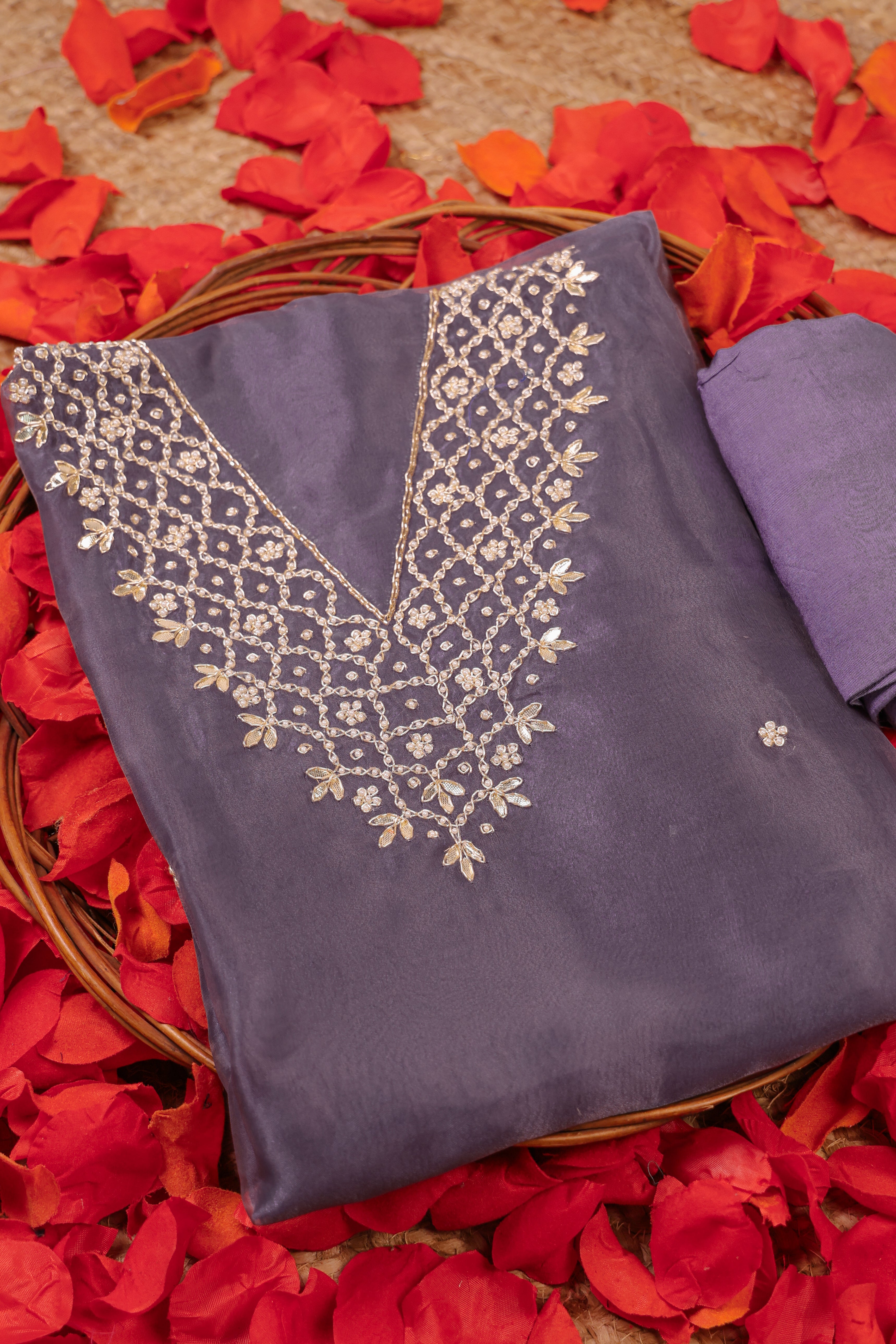 Lilac Haze Unstitch Suit with V-Neck Gota Patti and Heavy Pearl Jaal Work