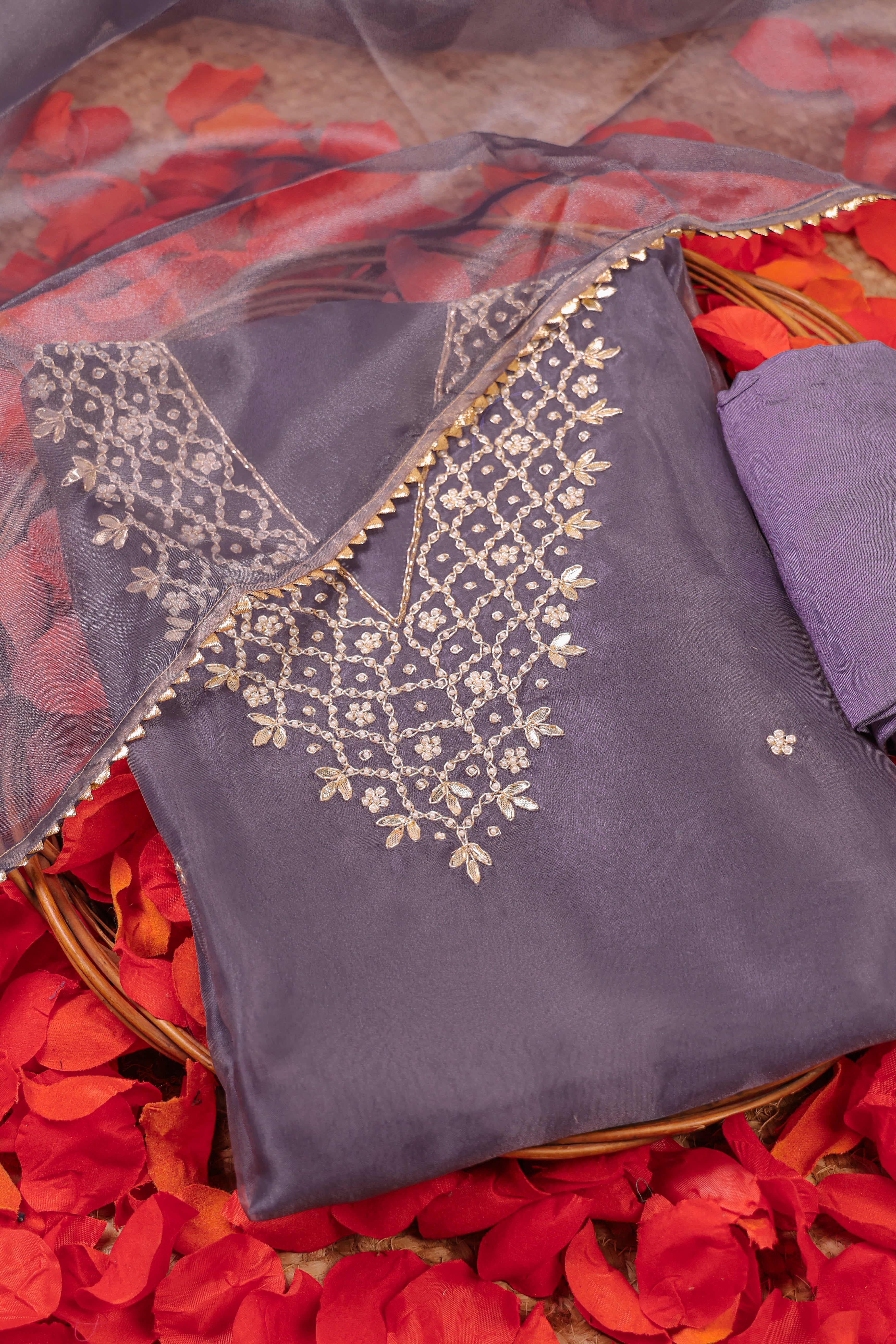 Lilac Haze Unstitch Suit with V-Neck Gota Patti and Heavy Pearl Jaal Work