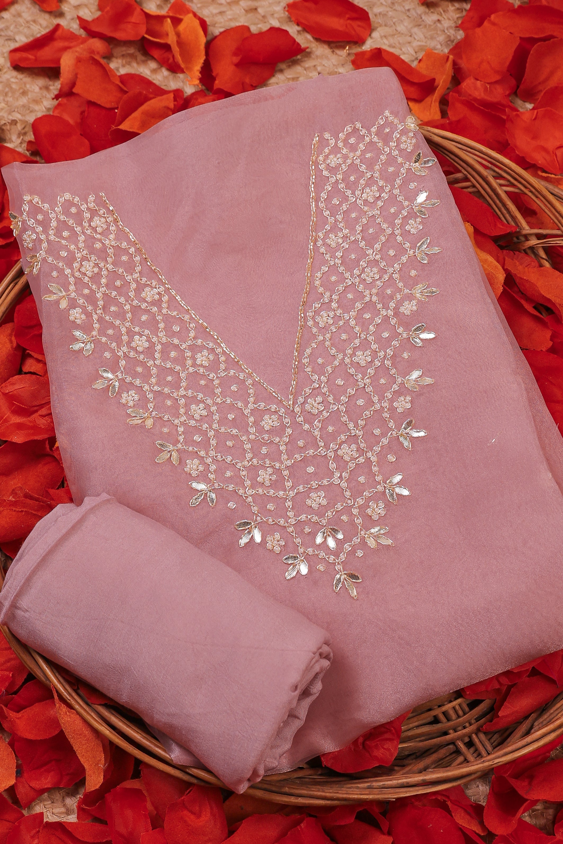 Rose Blush Unstitch Suit with V-Neck Gota Patti and Heavy Pearl Jaal Work