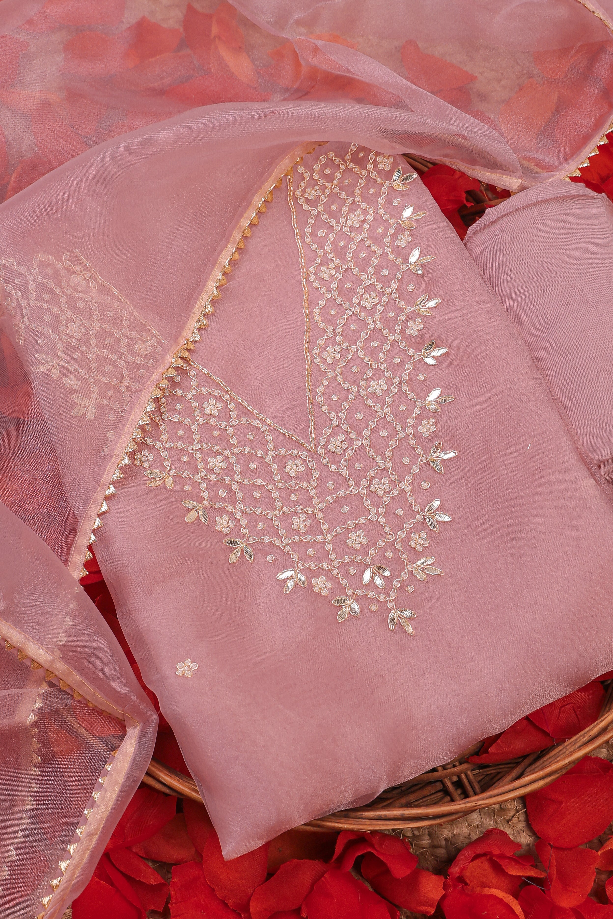 Rose Blush Unstitch Suit with V-Neck Gota Patti and Heavy Pearl Jaal Work