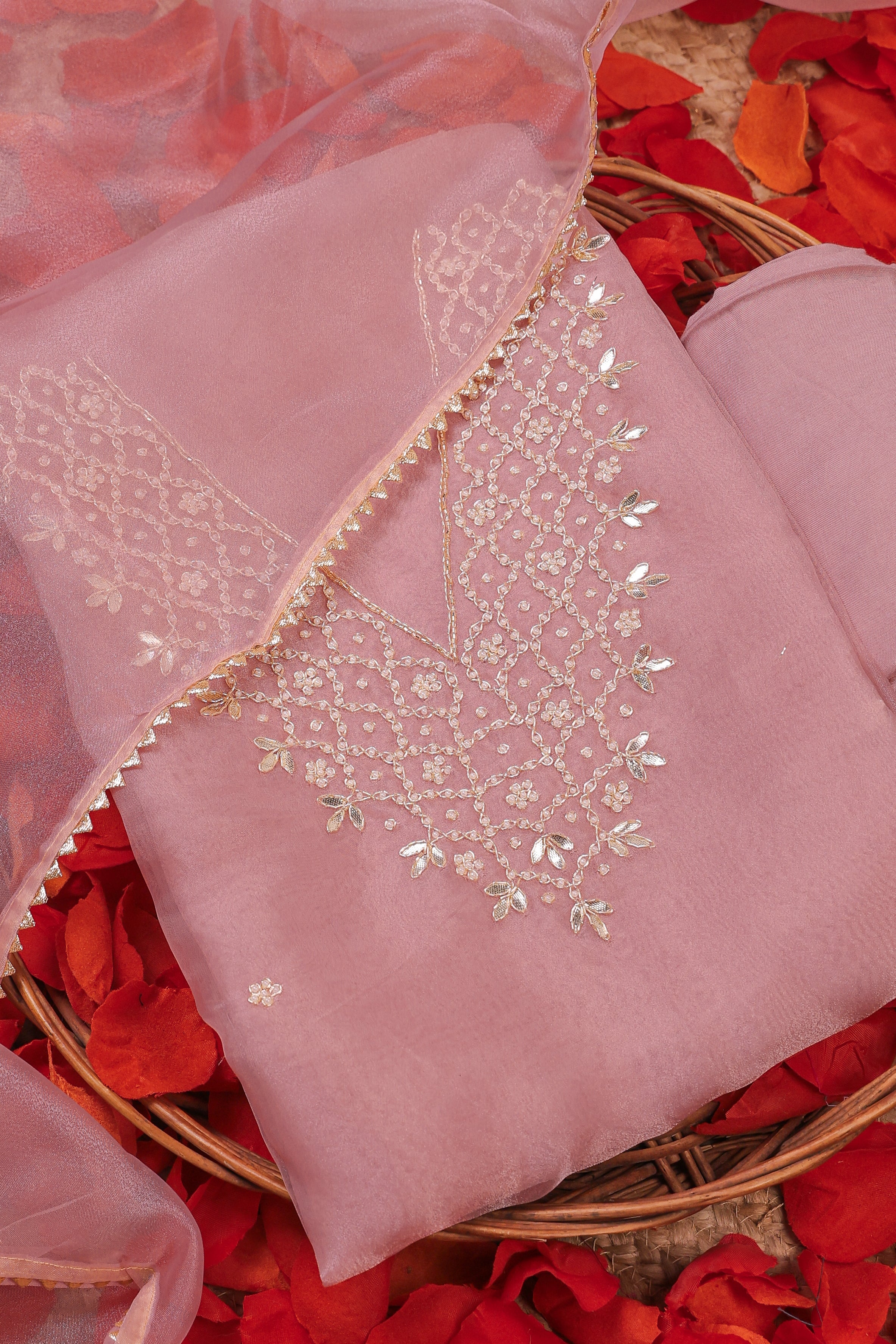 Rose Blush Unstitch Suit with V-Neck Gota Patti and Heavy Pearl Jaal Work