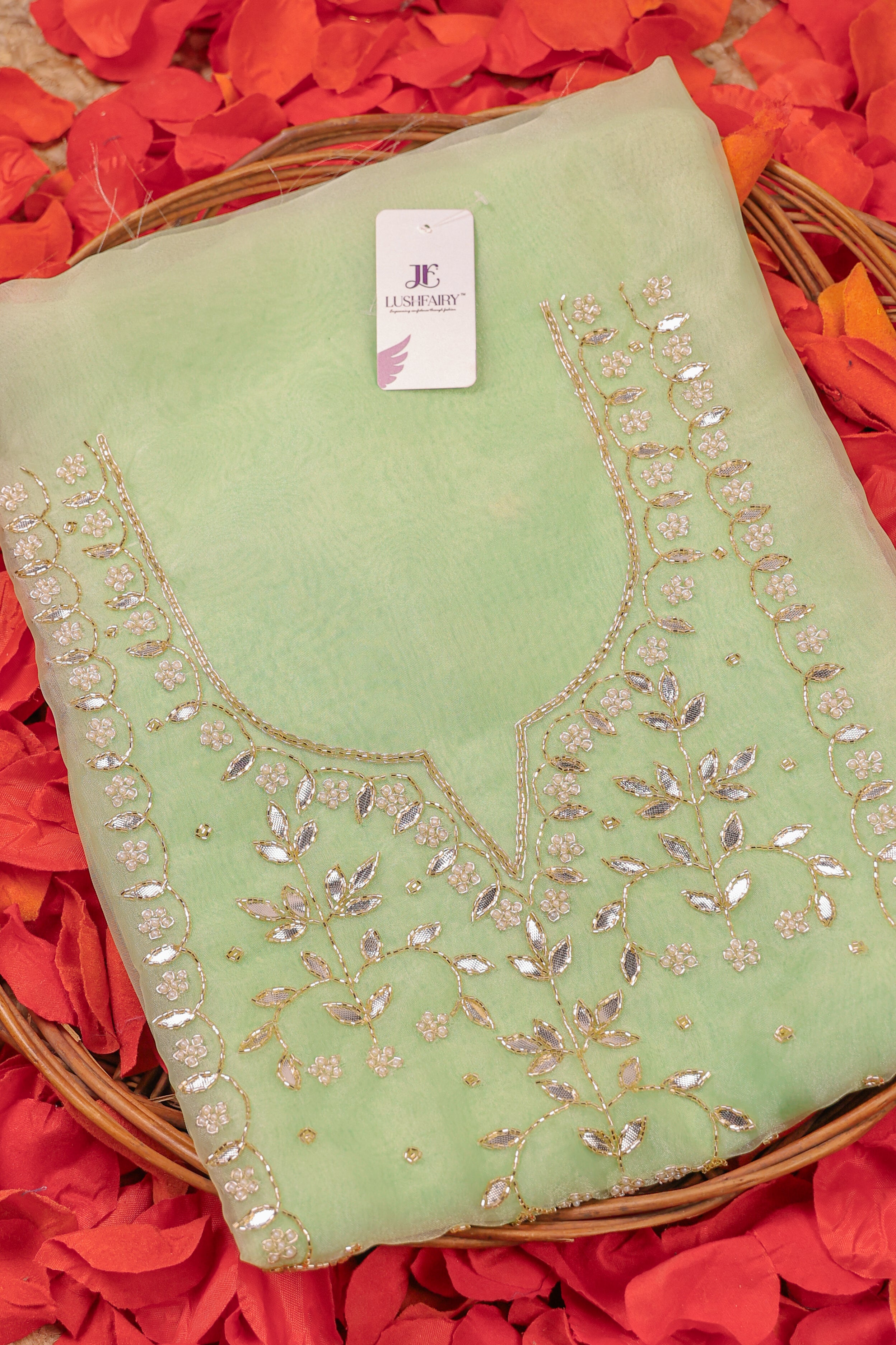 Mint Radiance Unstitch Suit with Handcrafted Heavy Gota Patti and Pearl Work