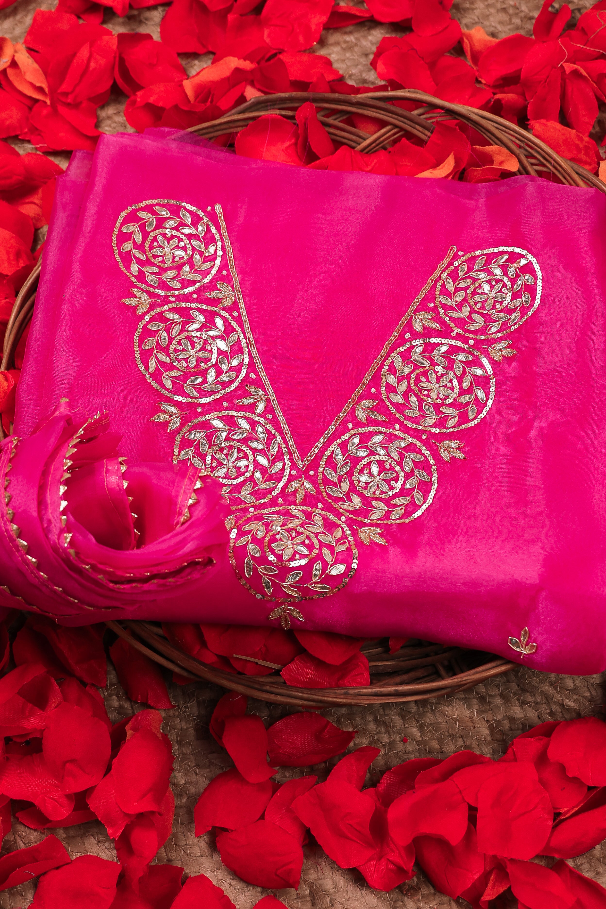 Hot Pink Unstitch Suit with V-Neck Gota Patti Work and Lace Dupatta