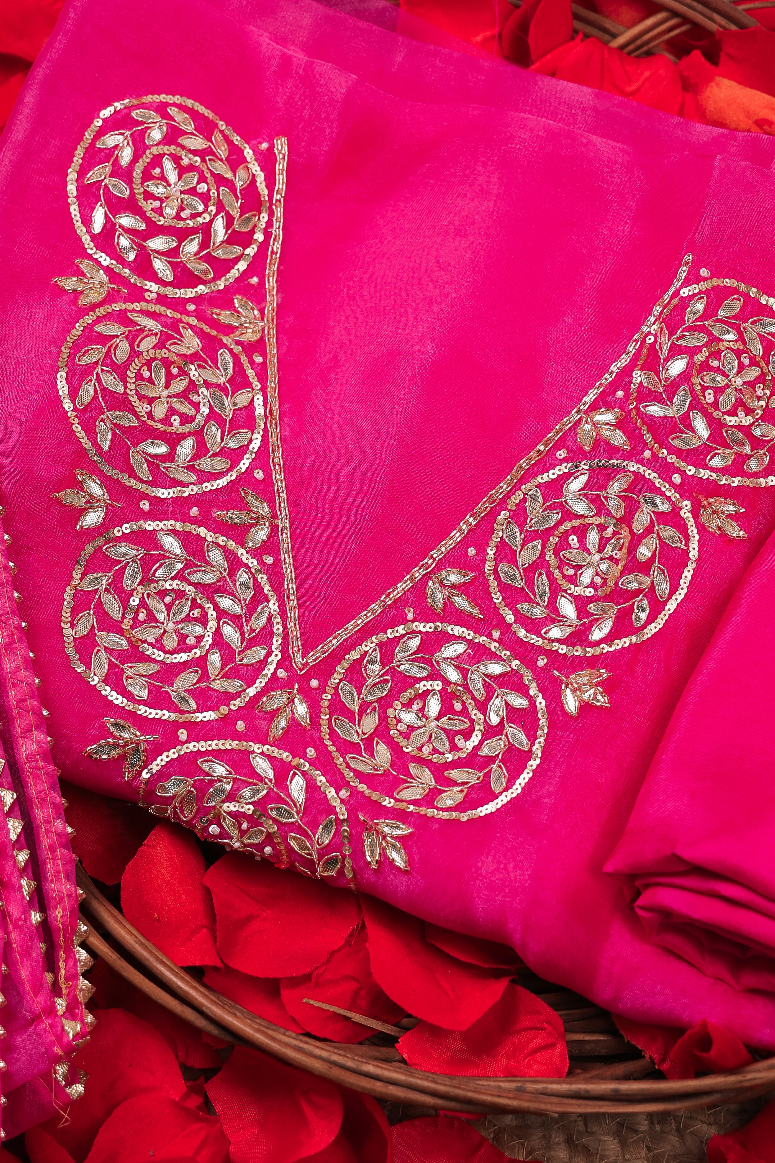 Hot Pink Unstitch Suit with V-Neck Gota Patti Work and Lace Dupatta