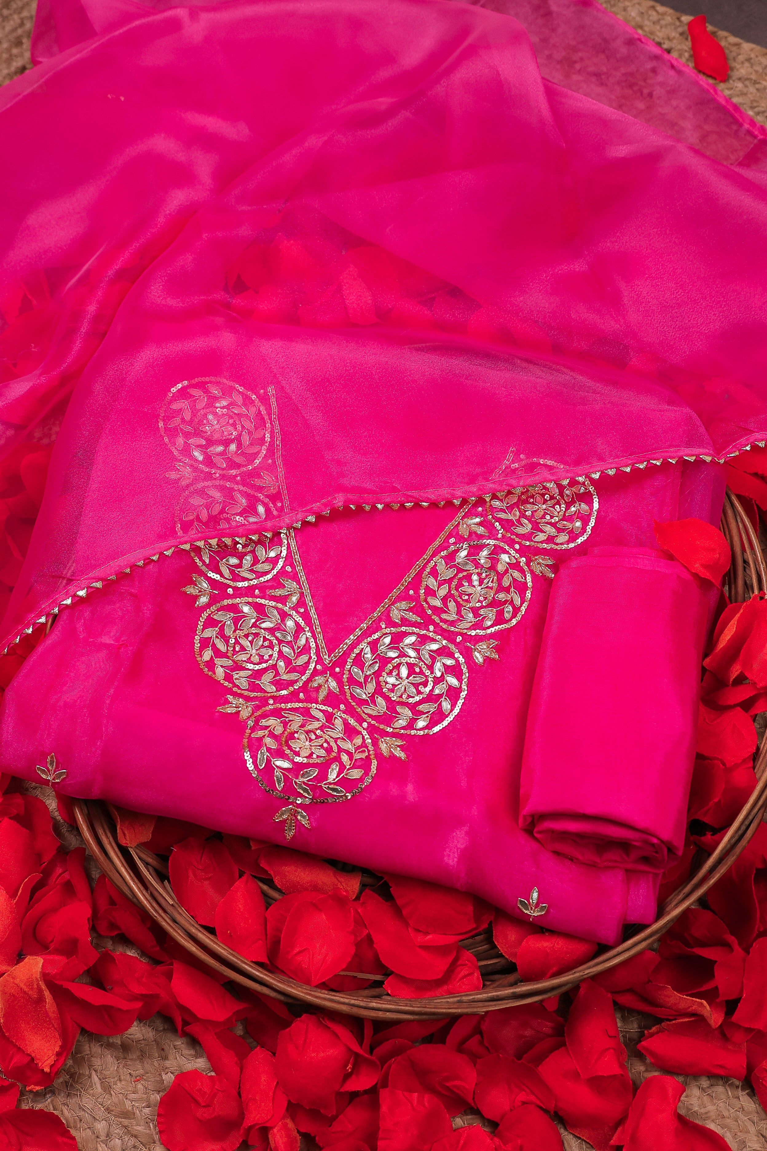Hot Pink Unstitch Suit with V-Neck Gota Patti Work and Lace Dupatta