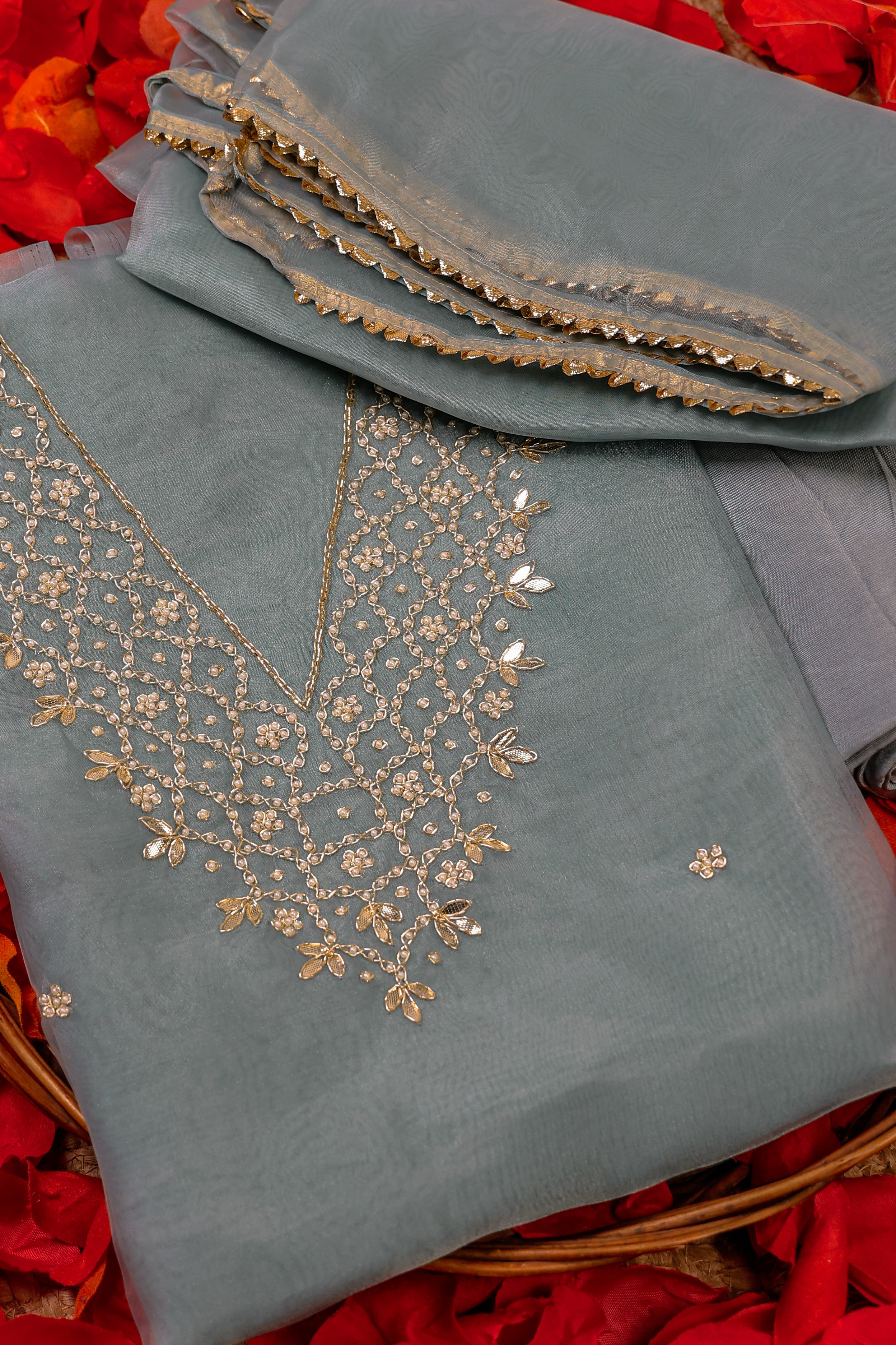 Sage Mist Unstitch Suit with V-Neck Gota Patti and Heavy Pearl Jaal Work