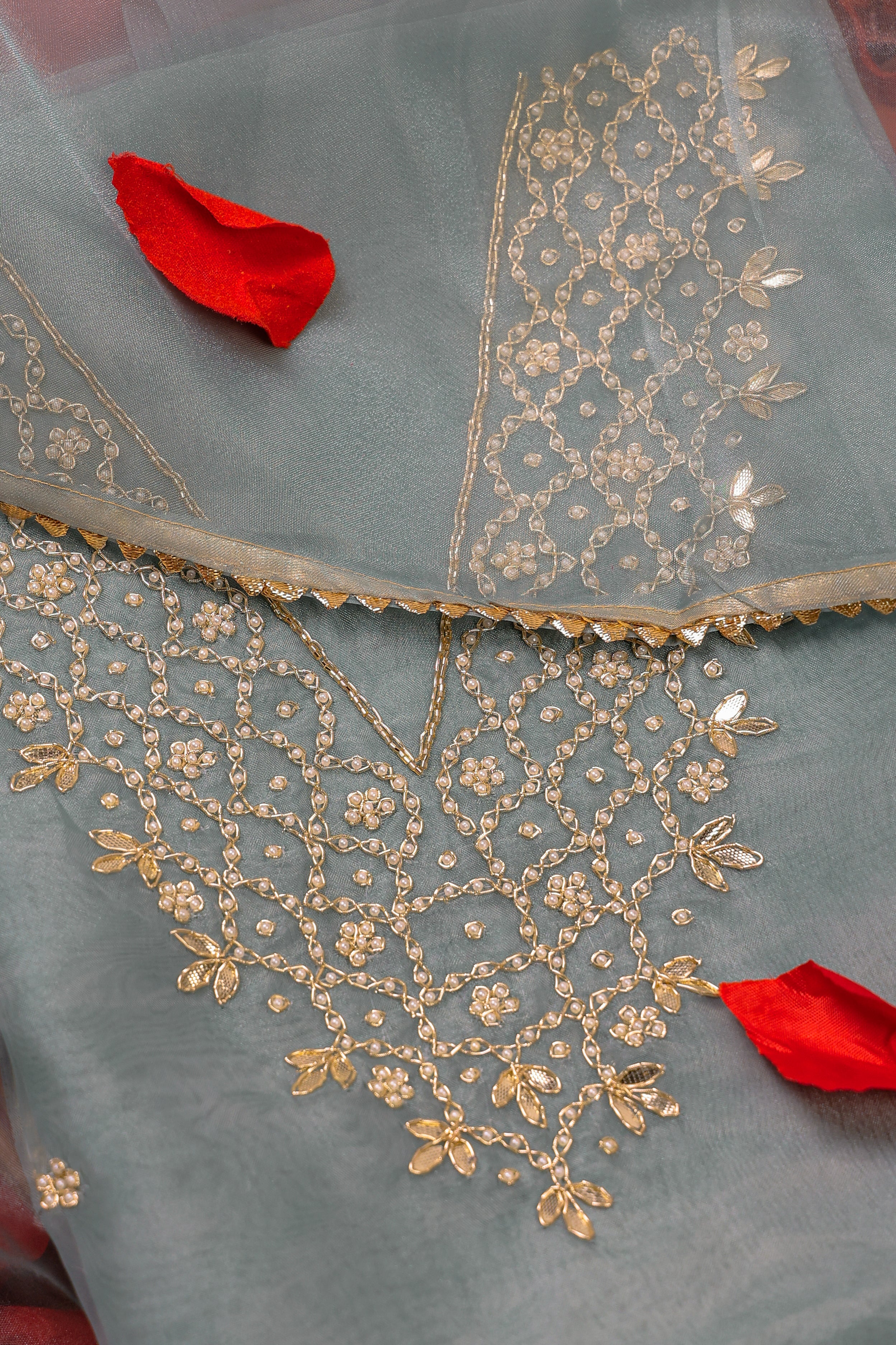 Sage Mist Unstitch Suit with V-Neck Gota Patti and Heavy Pearl Jaal Work