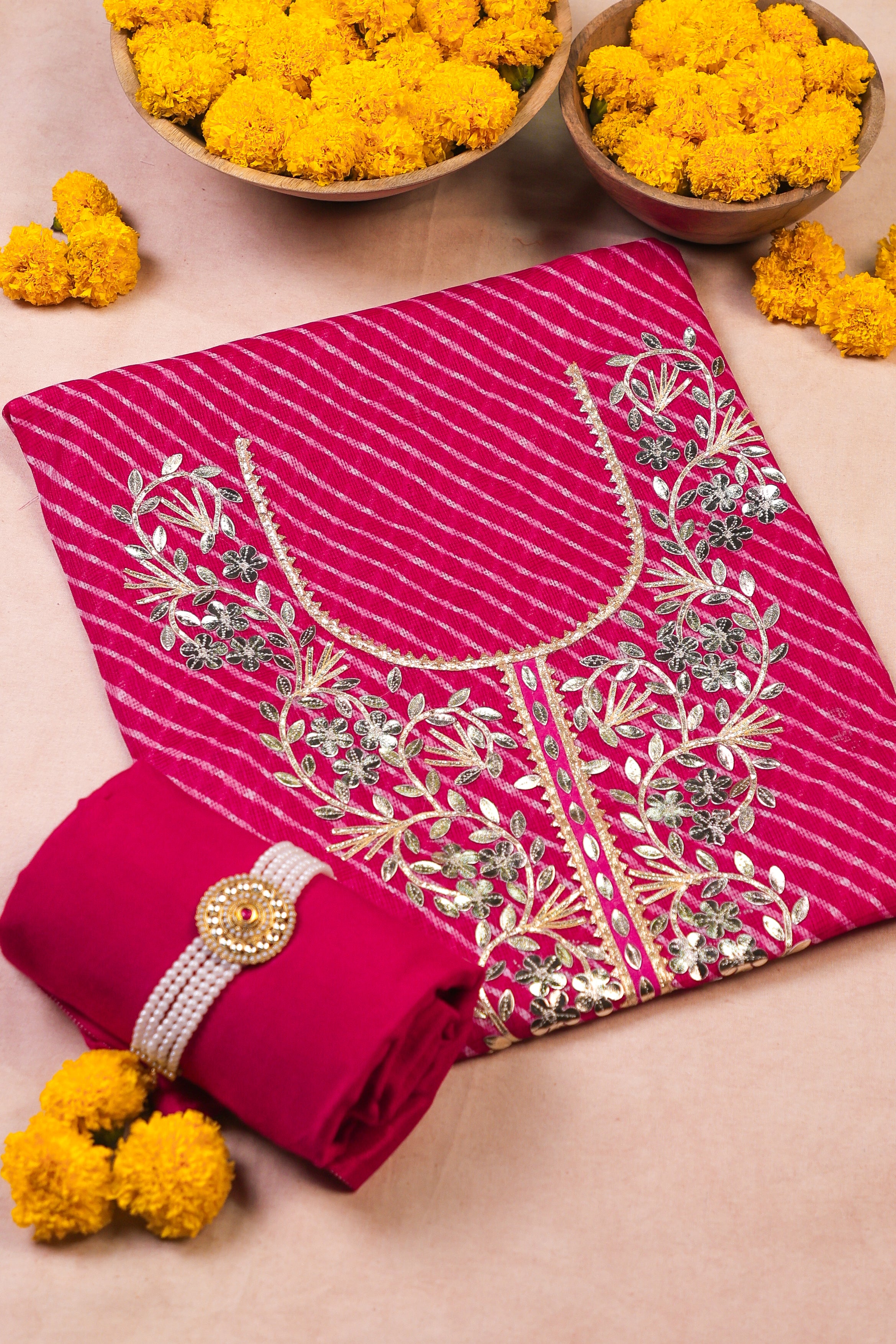 Rani Radiance Unstitched Suit Set in Kota Doria with Golden Gota Patti Work