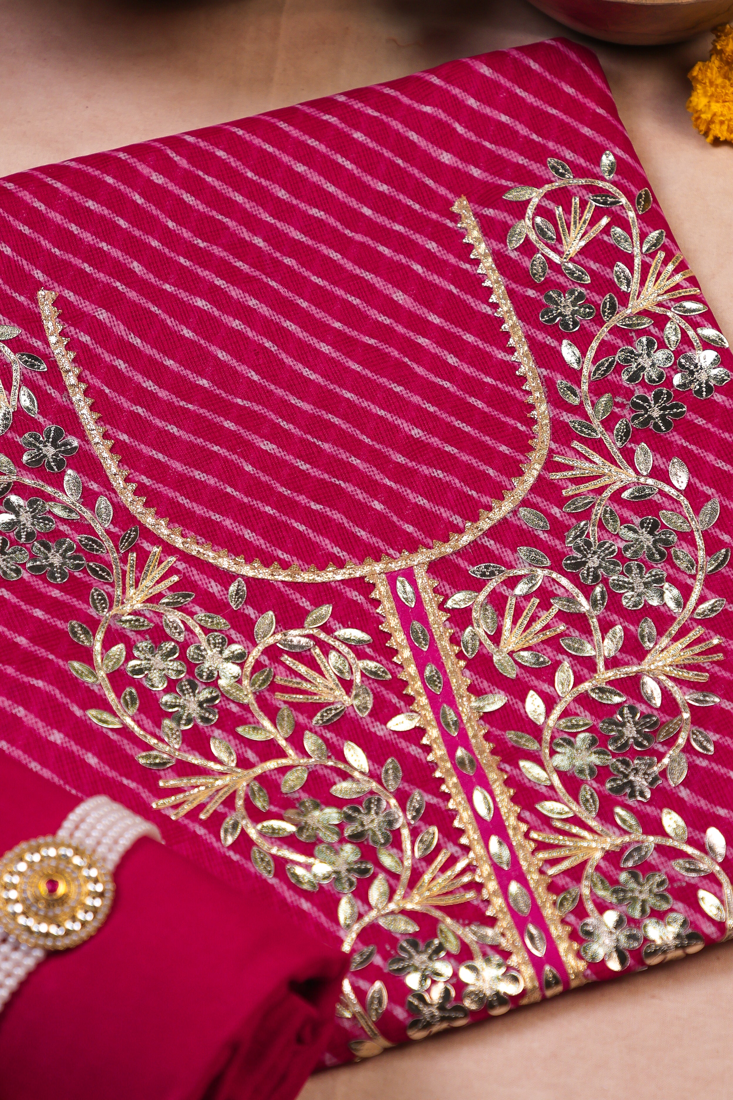 Rani Radiance Unstitched Suit Set in Kota Doria with Golden Gota Patti Work