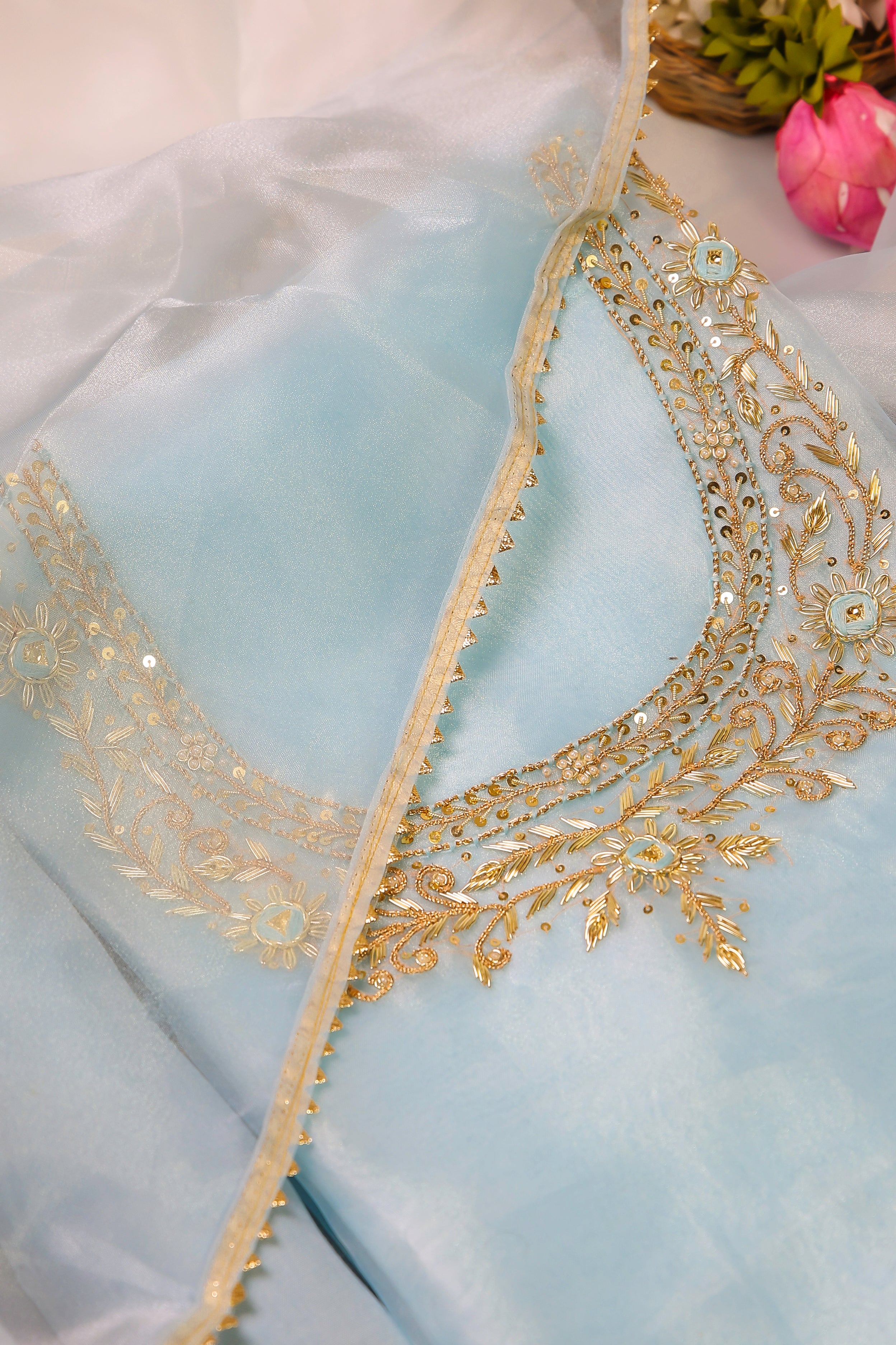 Sky Blue Unstitch Suit with Handcrafted Zardozi and Thread Work